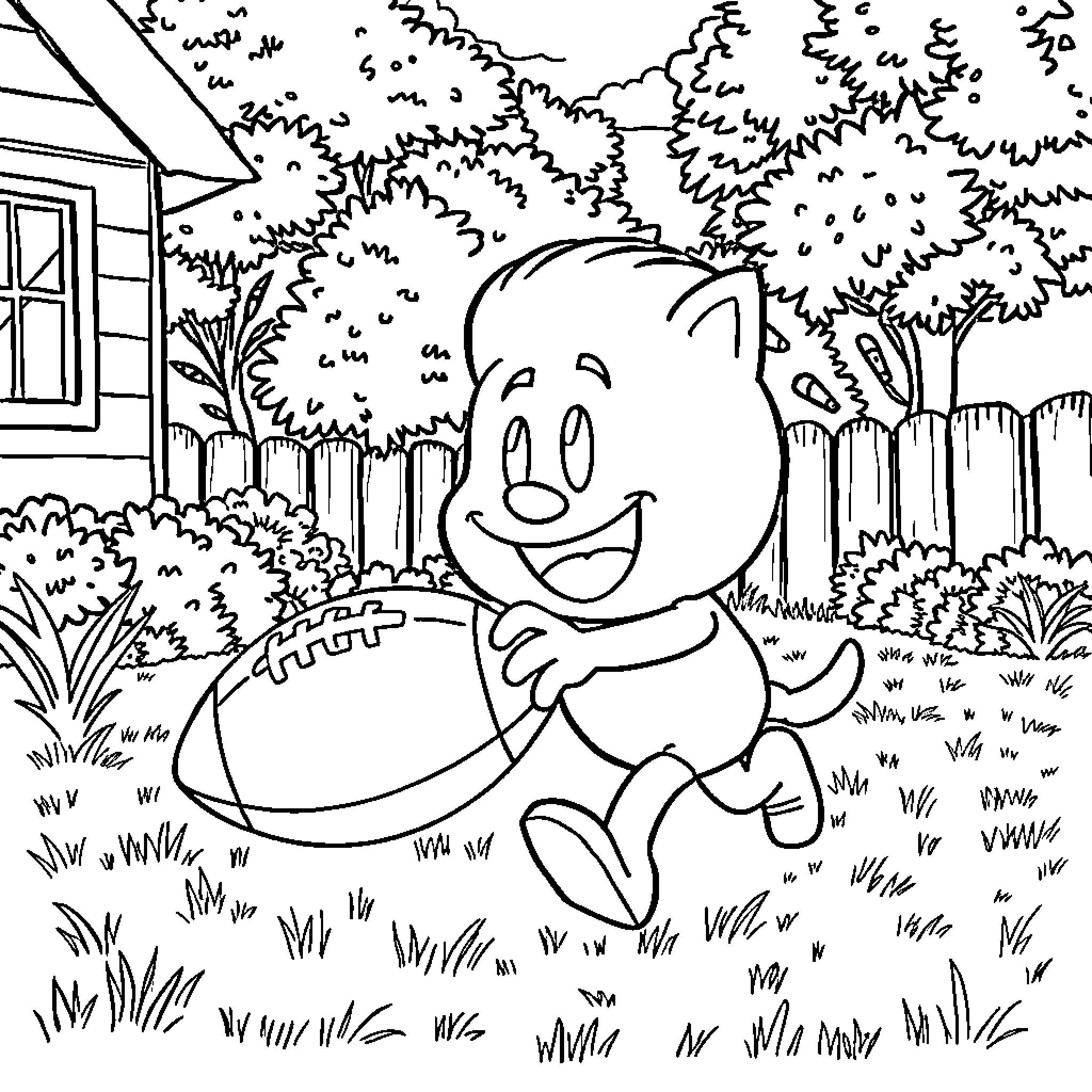 Gumball Playing with a Ball in a Backyard Coloring Page (free black-and-white line drawing printable PDF for all, from beginners to advanced learners, including children, teens, adults, and seniors)