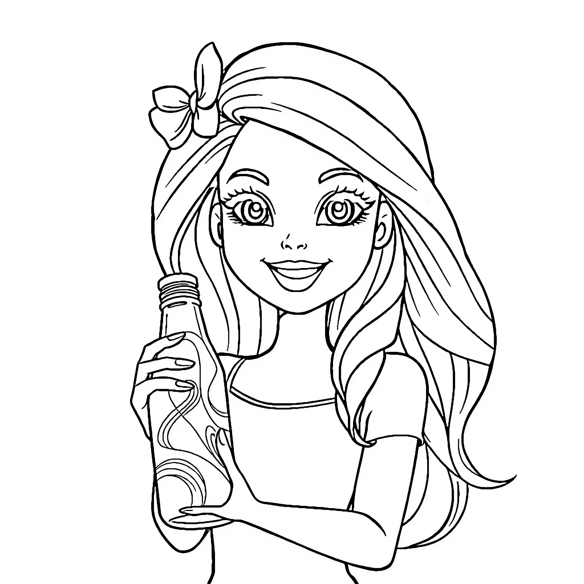 Barbie's Friendly Smile and Flowing Hair Coloring Page (free black-and-white line drawing printable PDF for all, from beginners to advanced learners, including children, teens, adults, and seniors)