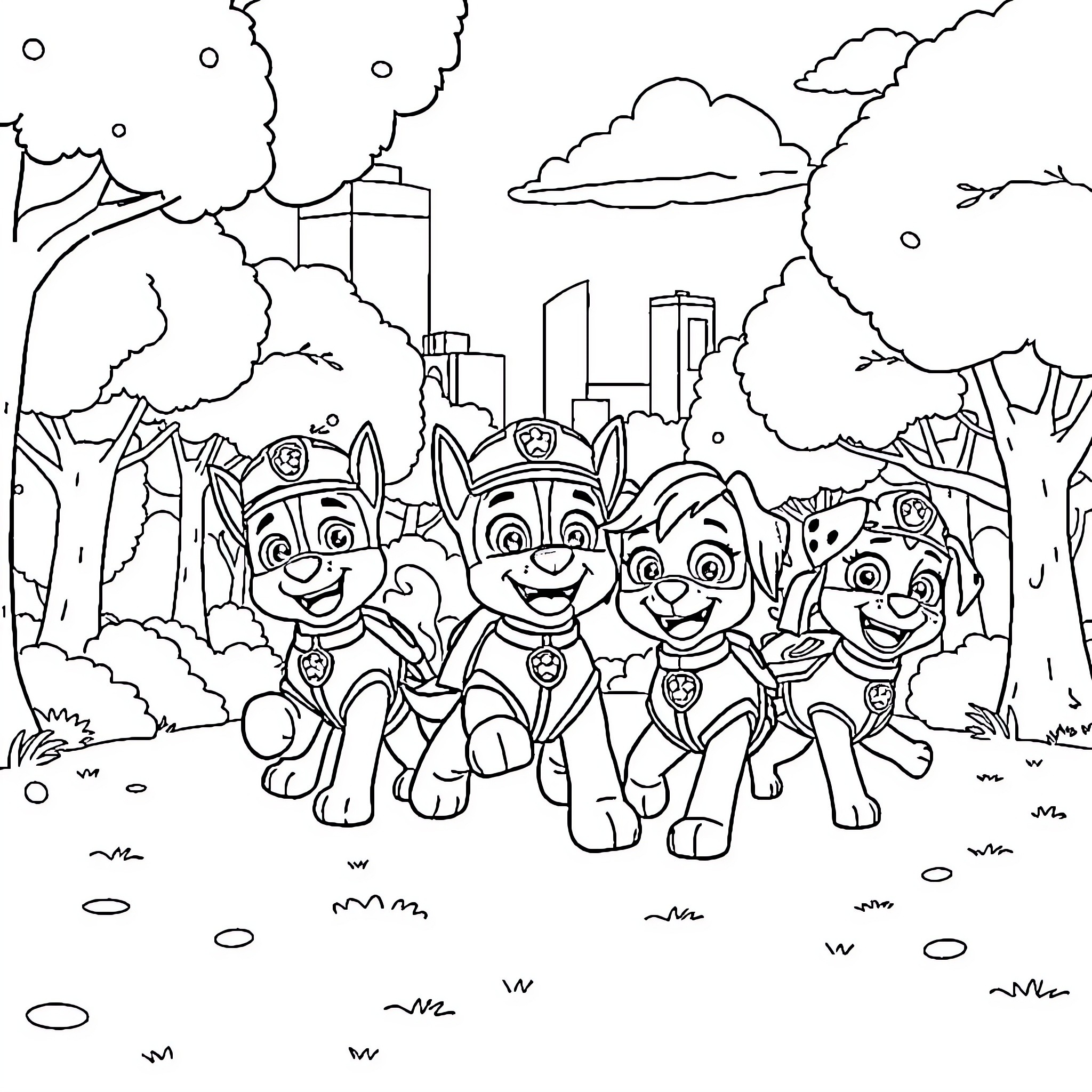 Paw Patrol puppies in the city environment Coloring Page (free black-and-white line drawing printable PDF for all, from beginners to advanced learners, including children, teens, adults, and seniors)