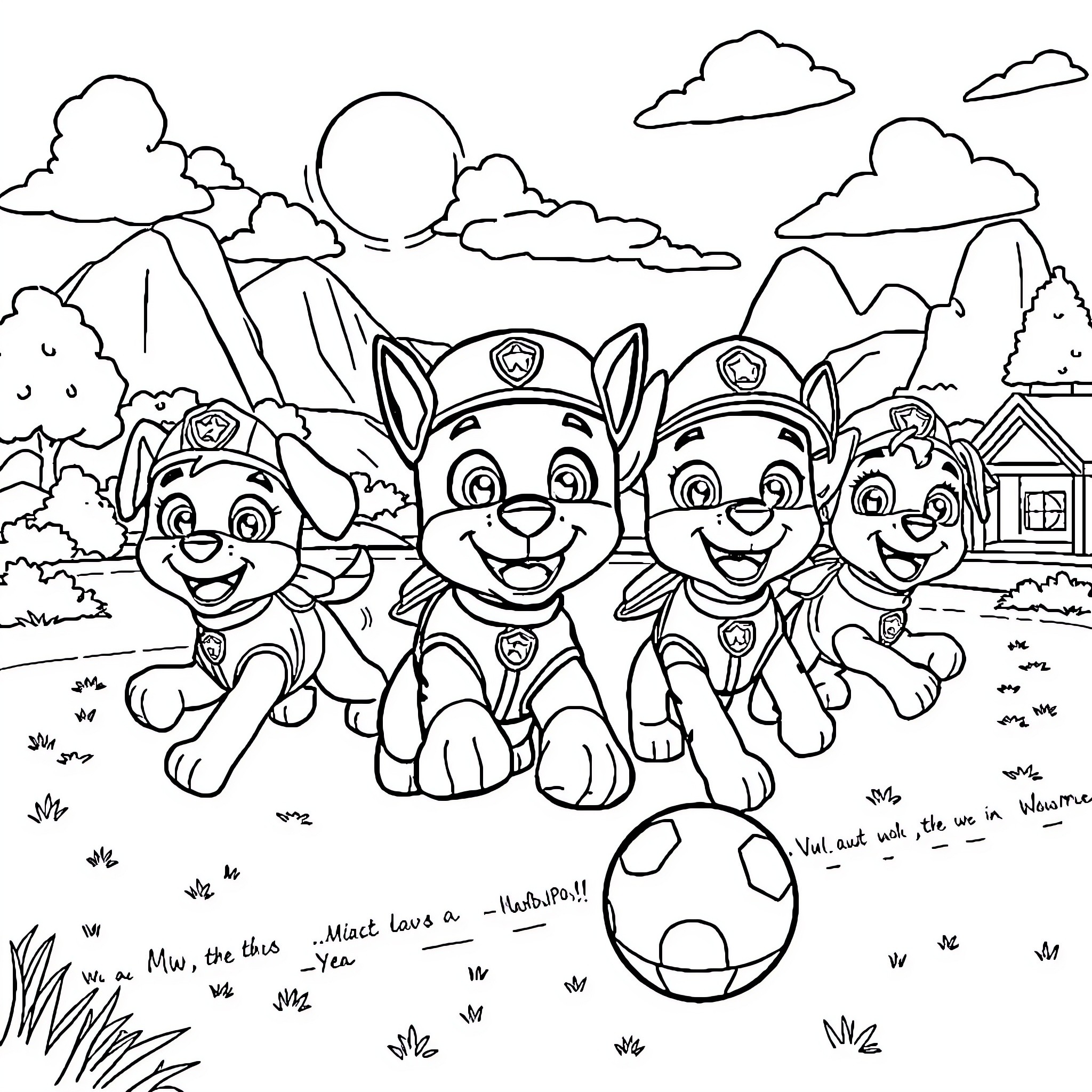 Paw Patrol puppies playing happily outdoors Coloring Page (free black-and-white line drawing printable PDF for all, from beginners to advanced learners, including children, teens, adults, and seniors)
