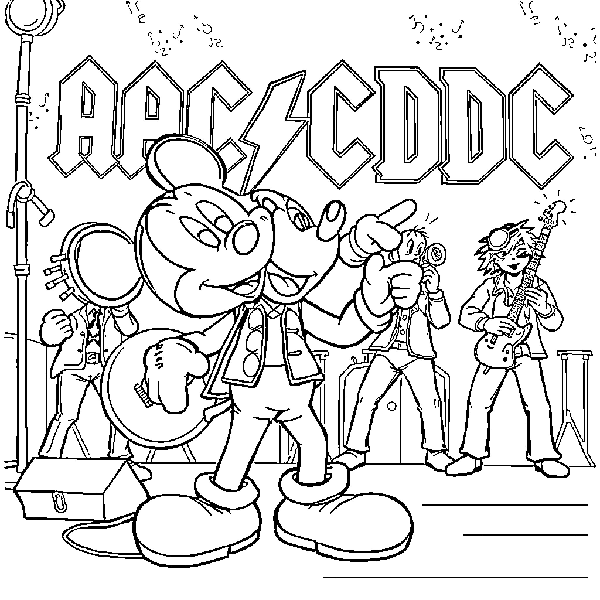Mickey's Rock n' Roll Adventure Coloring Page (free black-and-white line drawing printable PDF for all, from beginners to advanced learners, including children, teens, adults, and seniors)