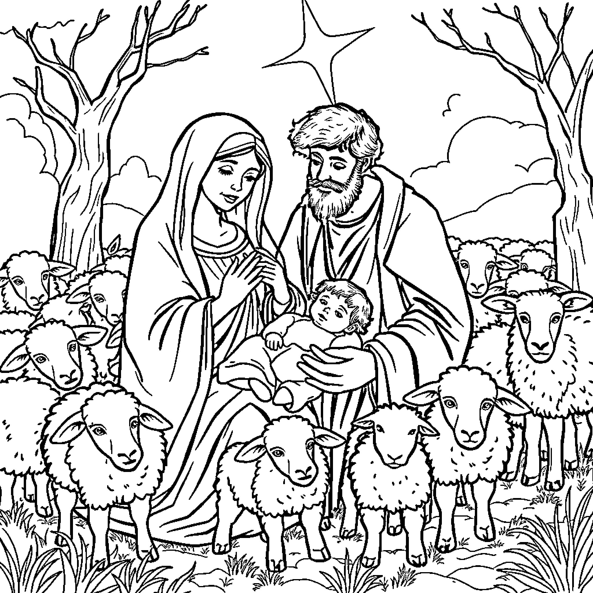Mary's Holy Family with Shepherds and Animals Coloring Page (free black-and-white line drawing printable PDF for all, from beginners to advanced learners, including children, teens, adults, and seniors)