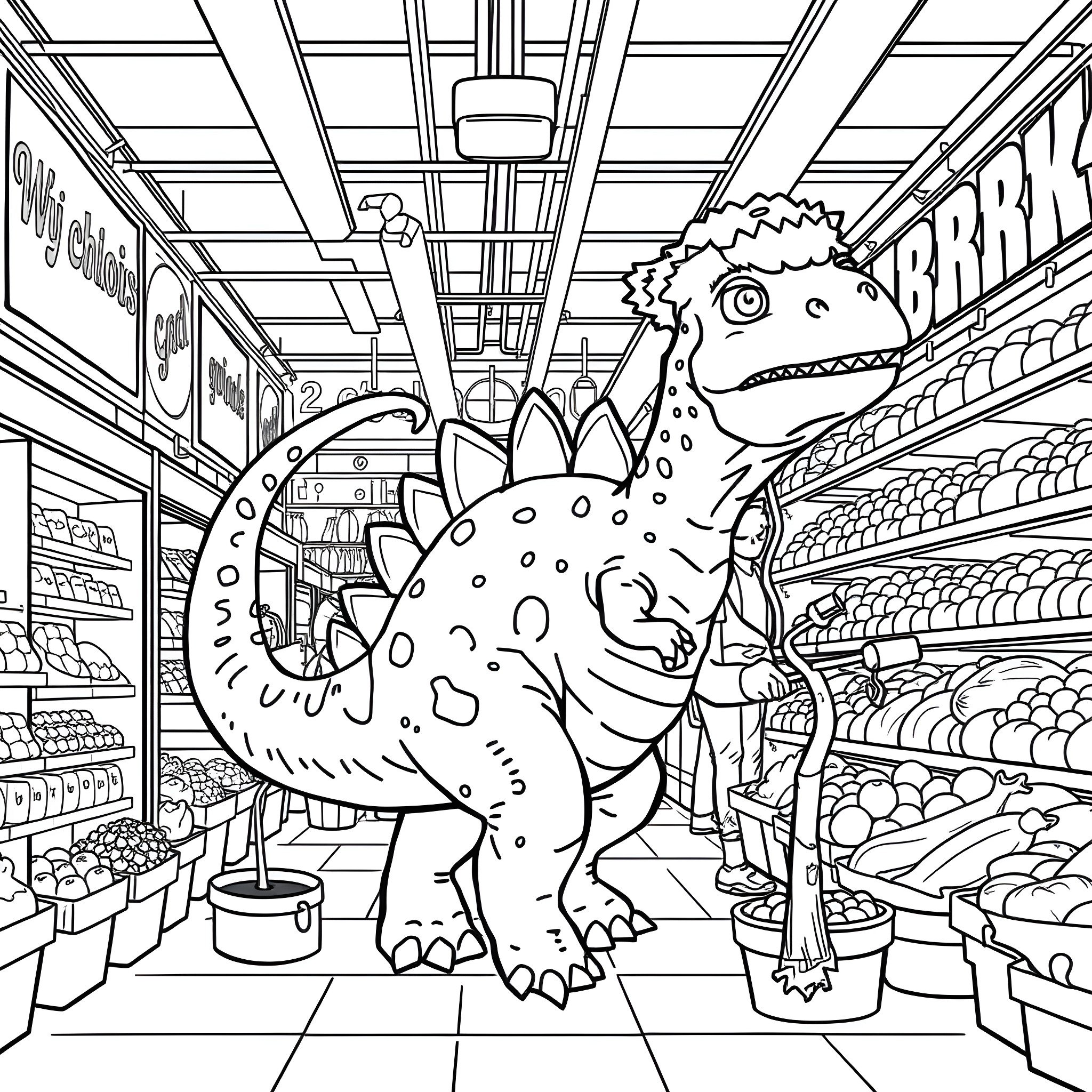 Ankylosaur exploring a grocery store Coloring Page (free black-and-white line drawing printable PDF for all, from beginners to advanced learners, including children, teens, adults, and seniors)