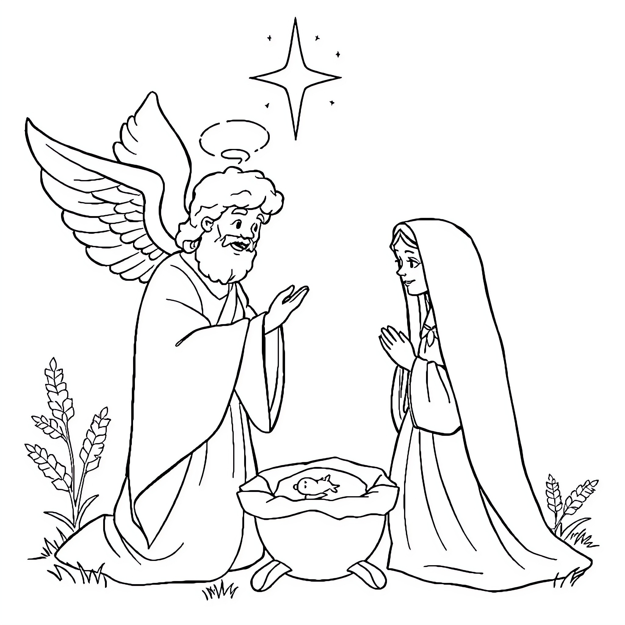 Annunciation of the Virgin Mary and Angel Coloring Page (free black-and-white line drawing printable PDF for all, from beginners to advanced learners, including children, teens, adults, and seniors)