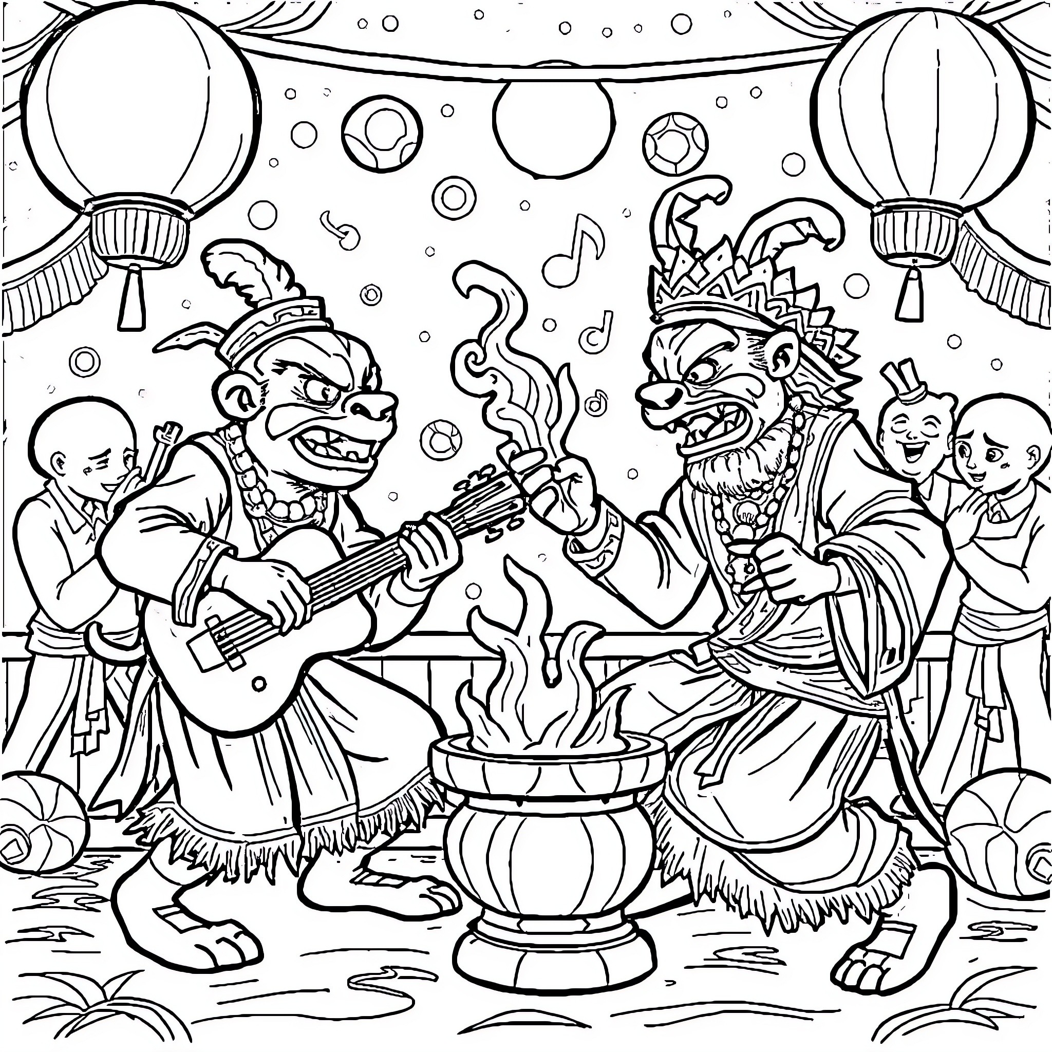 Sahur celebration with music and dance Coloring Page (free black-and-white line drawing printable PDF for all, from beginners to advanced learners, including children, teens, adults, and seniors)