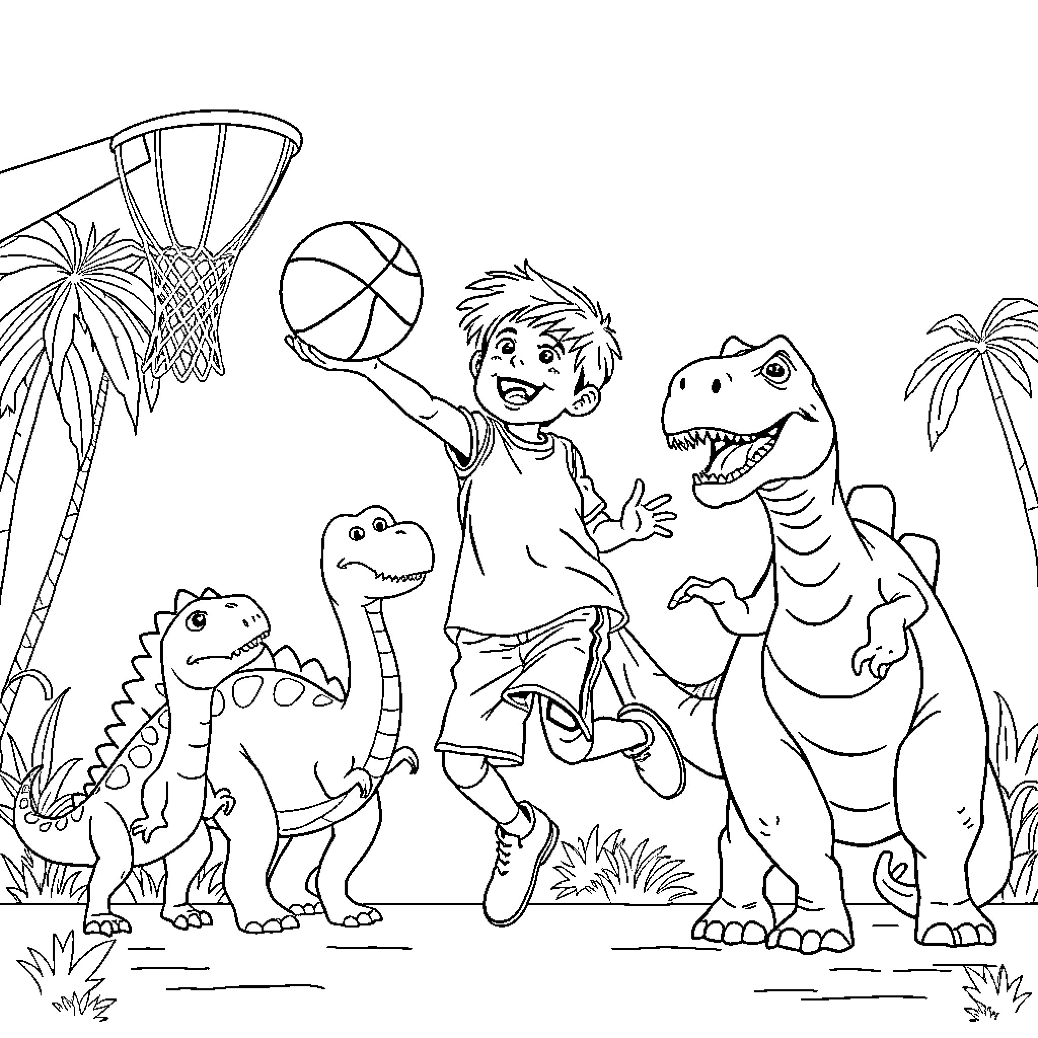 Boy playing with dinosaurs and basketball hoop Coloring Page (free black-and-white line drawing printable PDF for all, from beginners to advanced learners, including children, teens, adults, and seniors)