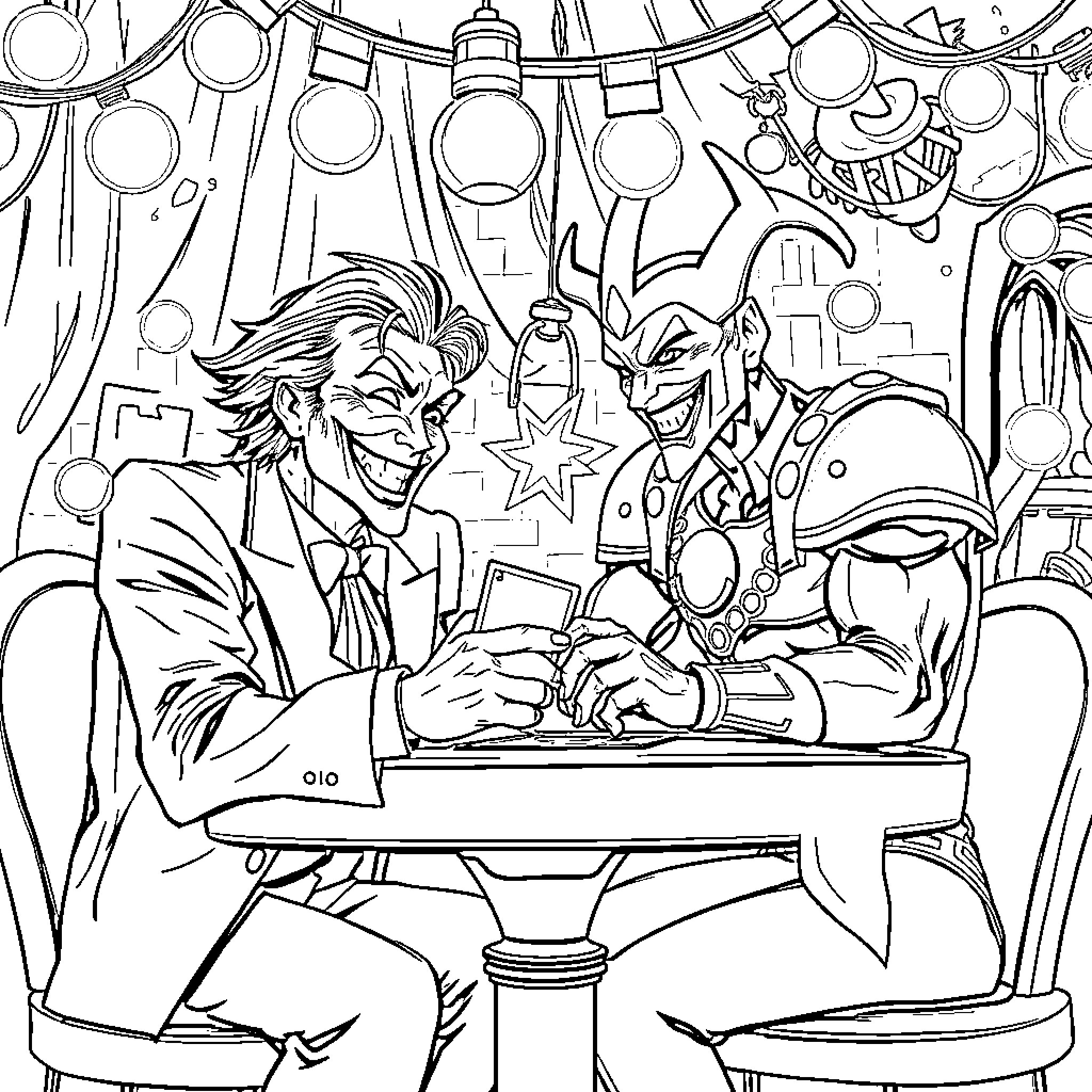 Joker's Chaotic Card Game with Villainous Opponent Coloring Page (free black-and-white line drawing printable PDF for all, from beginners to advanced learners, including children, teens, adults, and seniors)
