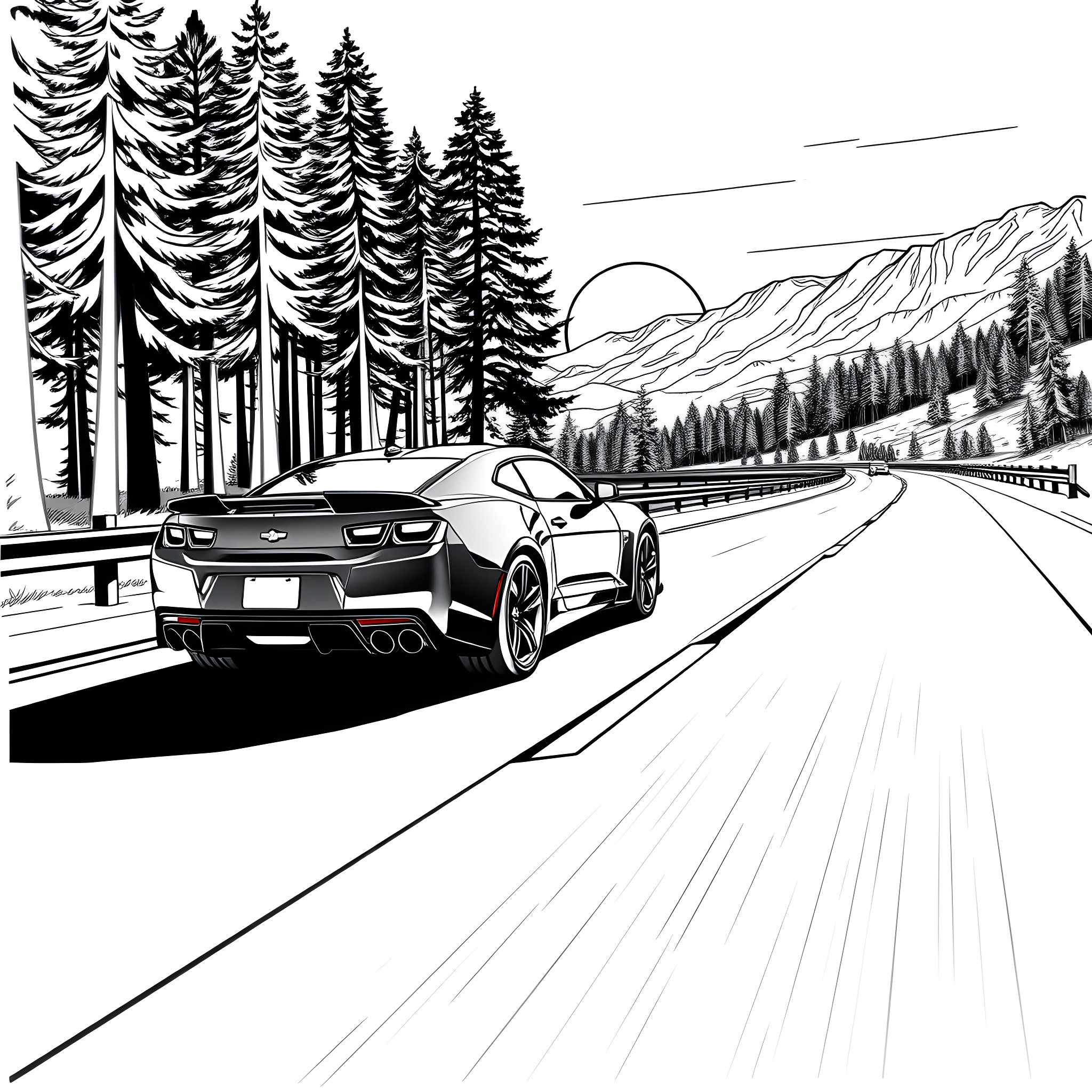 Camaro speeding through scenic mountain road Coloring Page (free black-and-white line drawing printable PDF for all, from beginners to advanced learners, including children, teens, adults, and seniors)