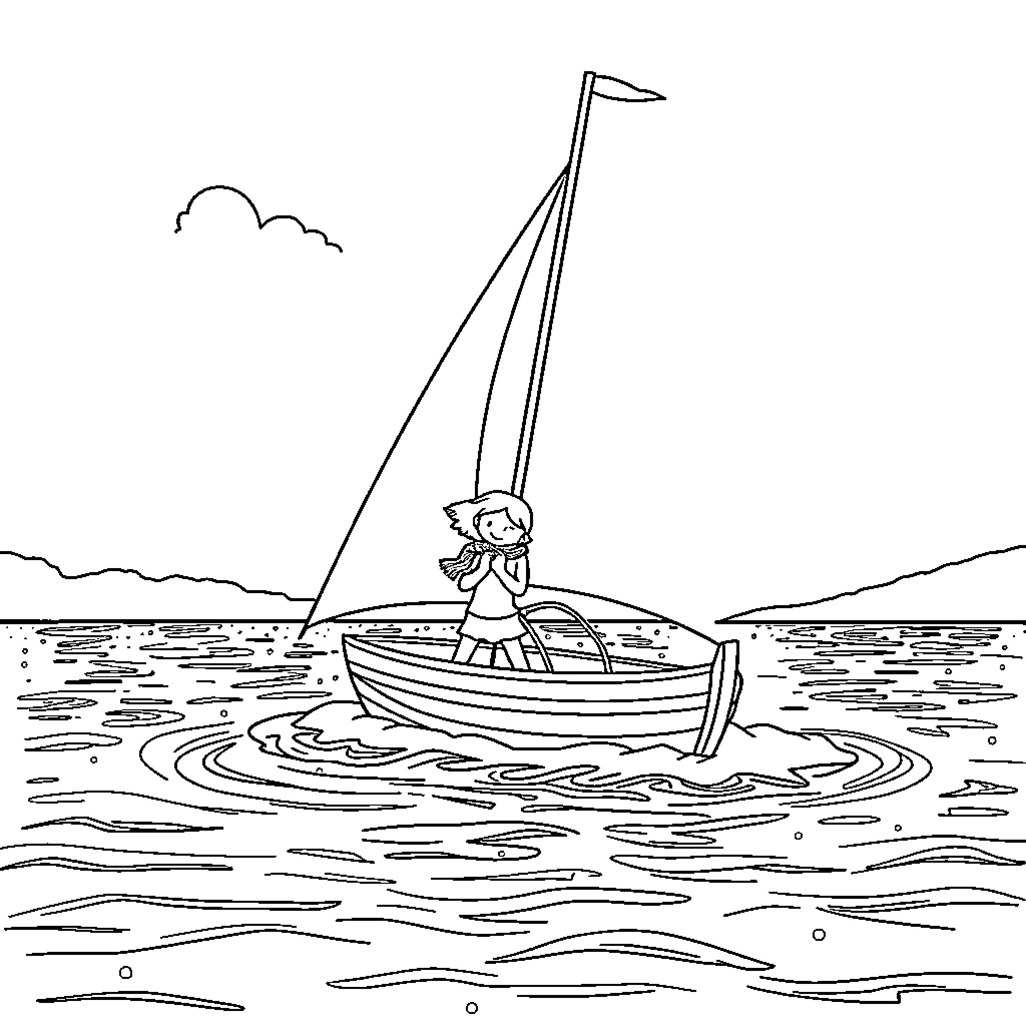 Girl sailing joyfully on a boat in the sea Coloring Page (free black-and-white line drawing printable PDF for all, from beginners to advanced learners, including children, teens, adults, and seniors)