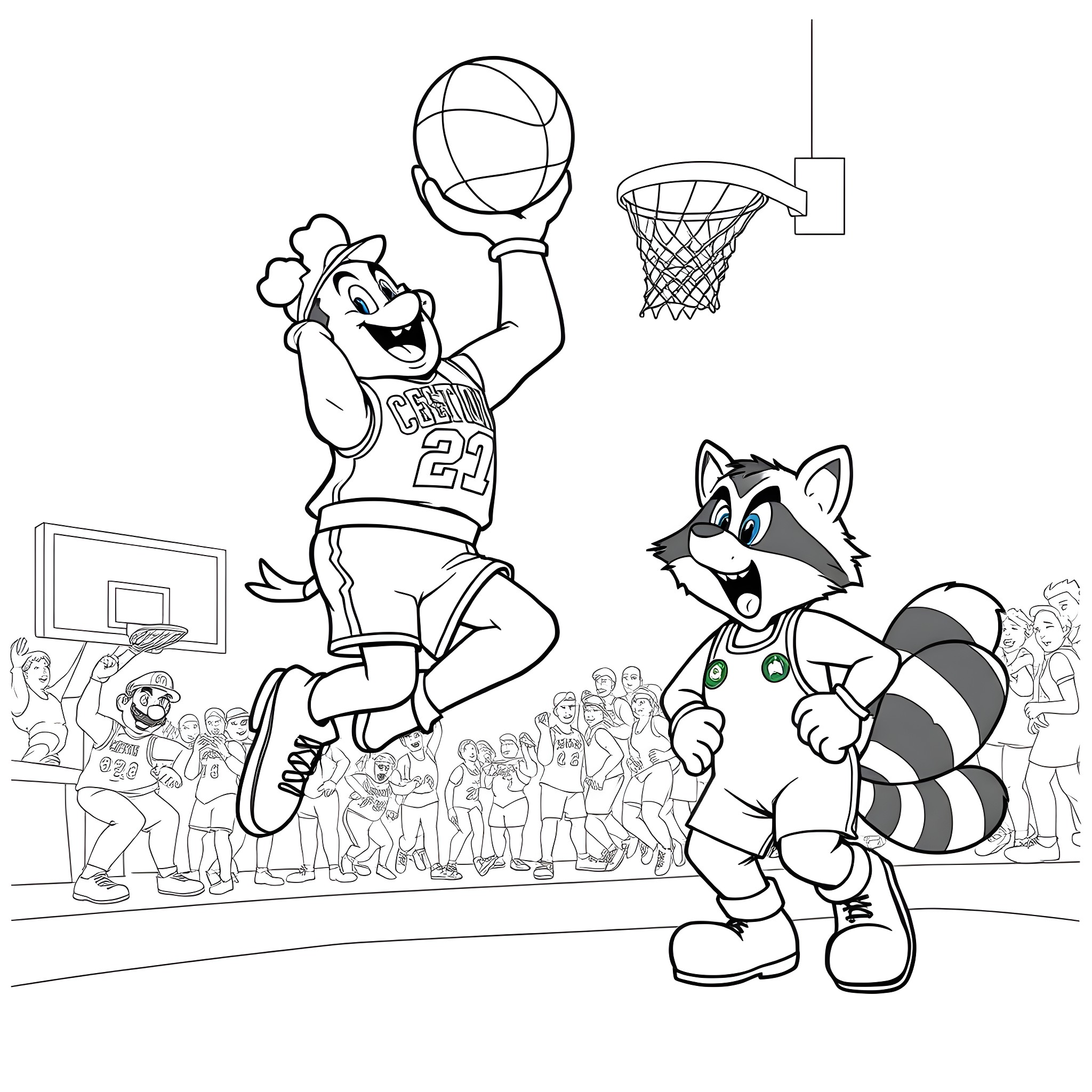 Mascot Playing Basketball on Court Coloring Page (free black-and-white line drawing printable PDF for all, from beginners to advanced learners, including children, teens, adults, and seniors)