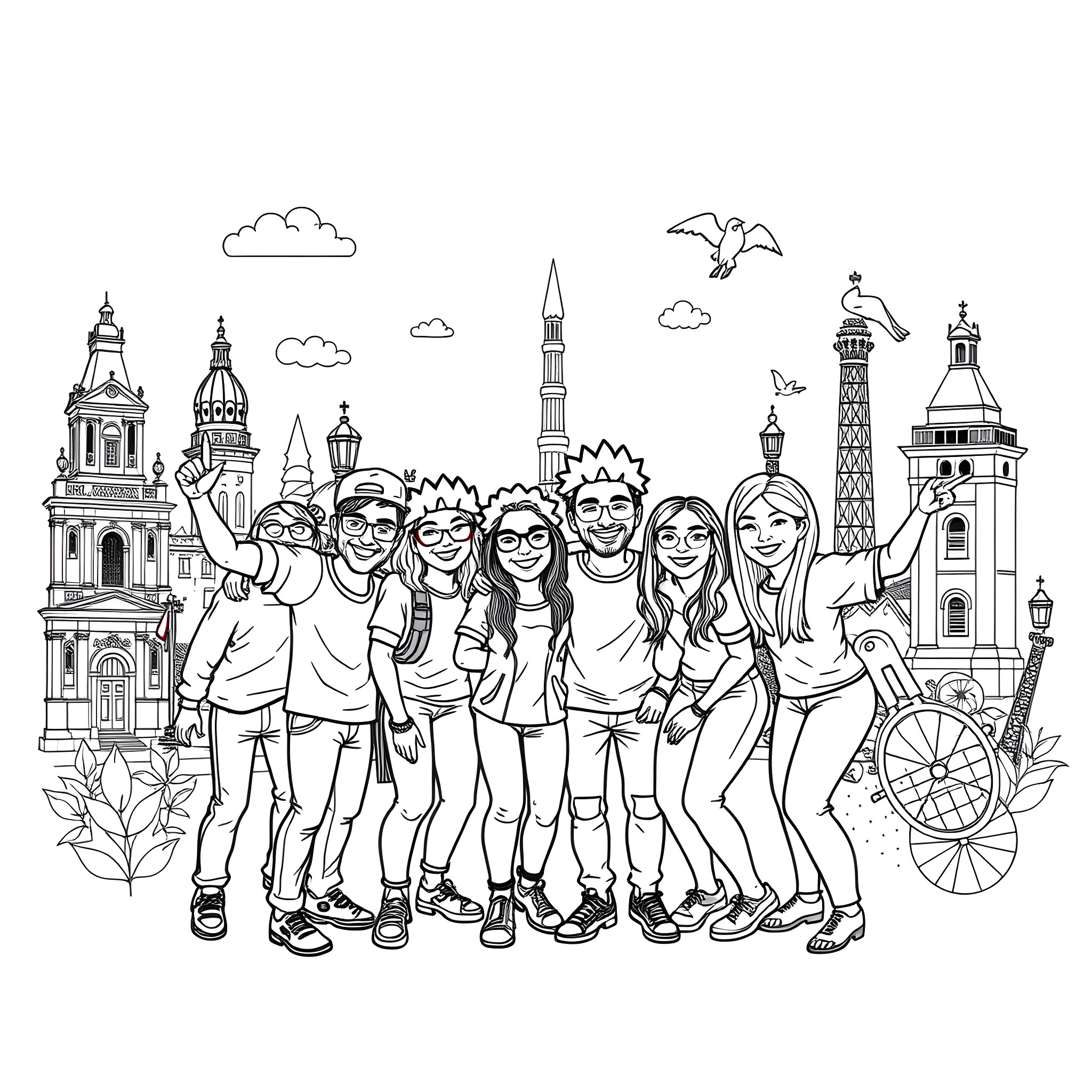 Italian Brainrot: Group of happy friends exploring the city Coloring Page (free black-and-white line drawing printable PDF for all, from beginners to advanced learners, including children, teens, adults, and seniors)