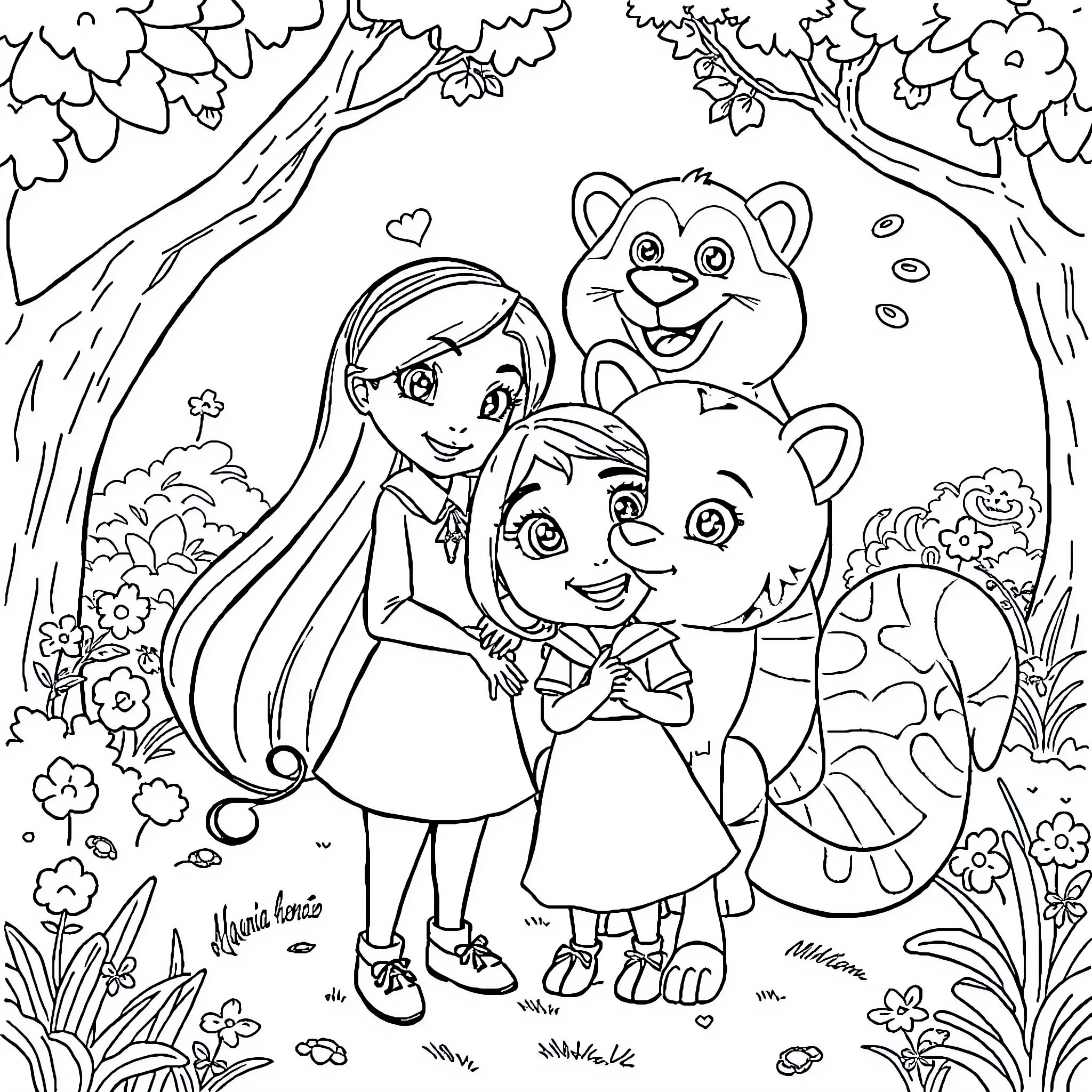 Rana and Friends Explore the Enchanted Forest Coloring Page (free black-and-white line drawing printable PDF for all, from beginners to advanced learners, including children, teens, adults, and seniors)