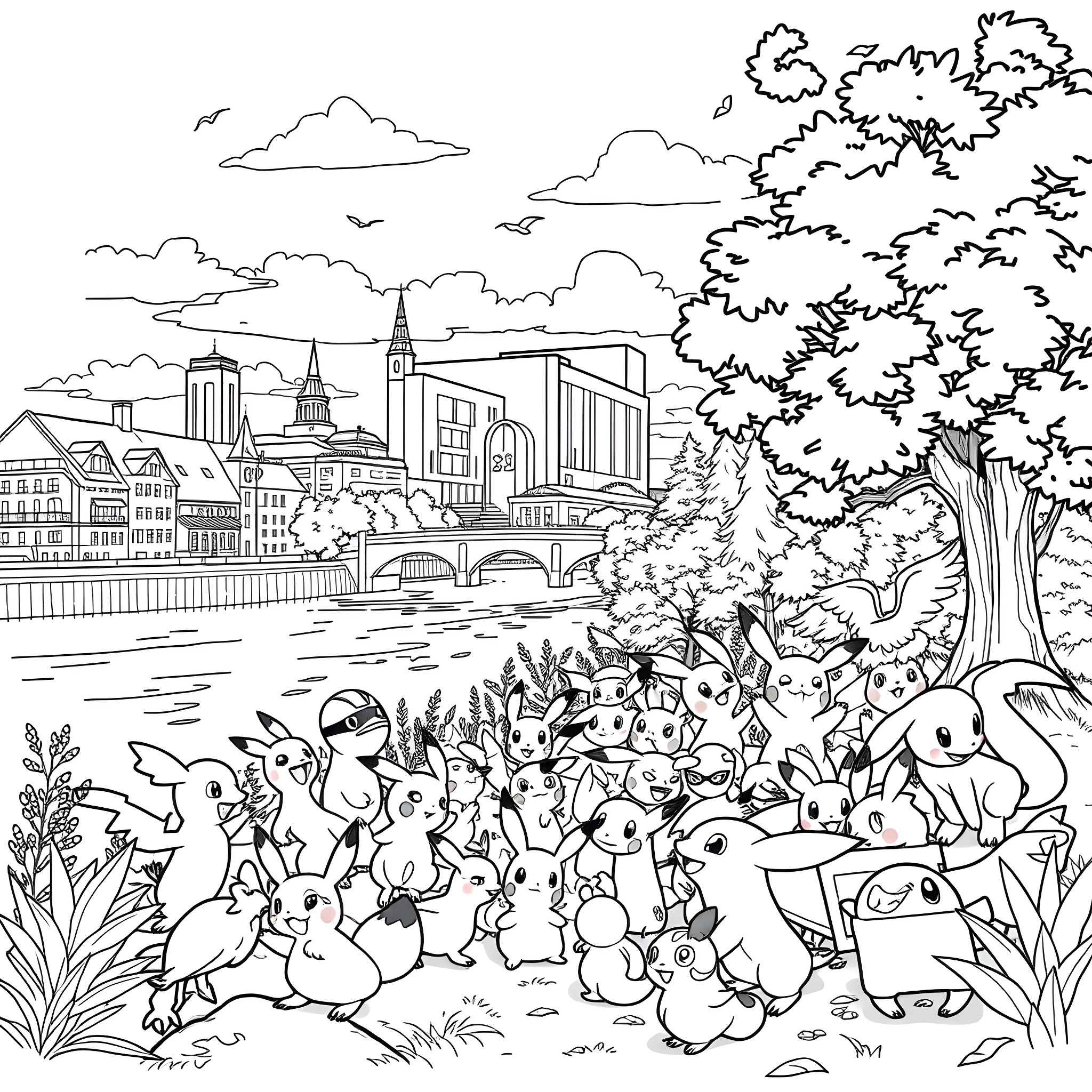 Pokémon Gathering in the City Park Coloring Page (free black-and-white line drawing printable PDF for all, from beginners to advanced learners, including children, teens, adults, and seniors)