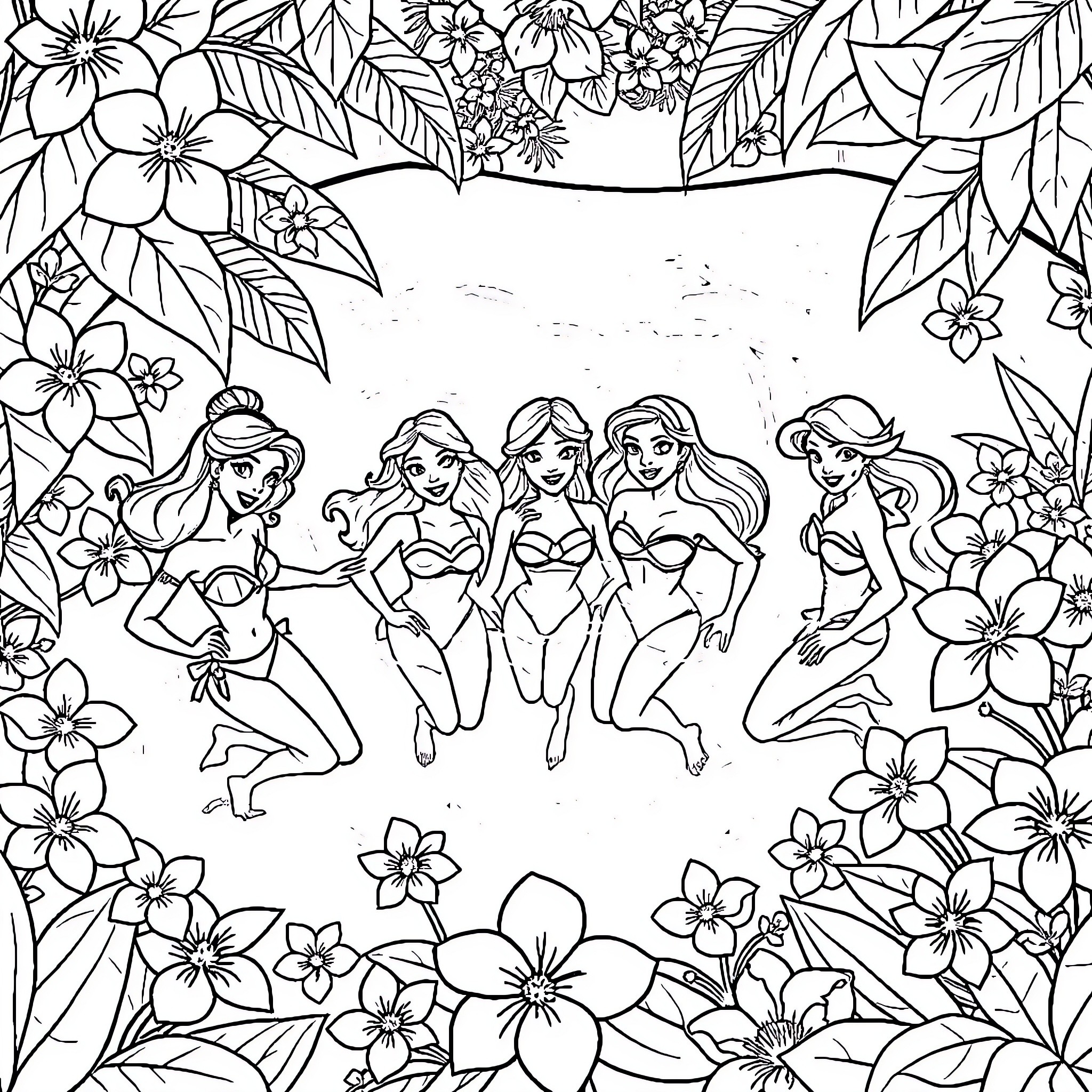 Disney Princesses playing in a floral paradise Coloring Page (free black-and-white line drawing printable PDF for all, from beginners to advanced learners, including children, teens, adults, and seniors)