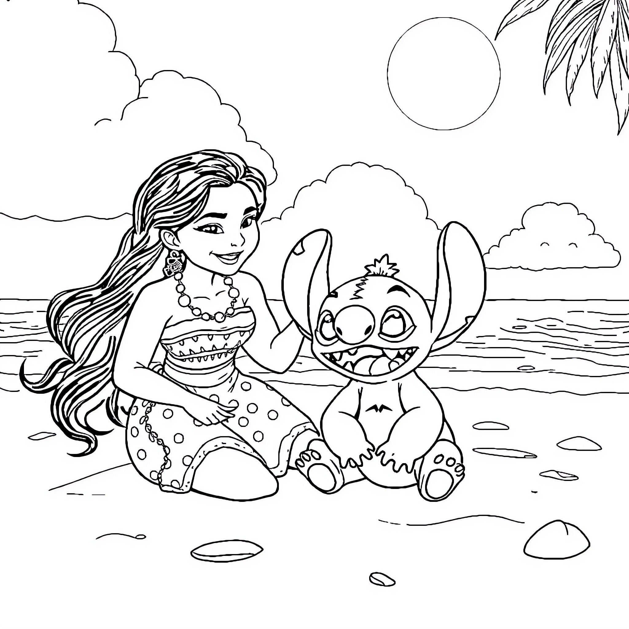Moana and Stitch relaxing on the beach Coloring Page (free black-and-white line drawing printable PDF for all, from beginners to advanced learners, including children, teens, adults, and seniors)