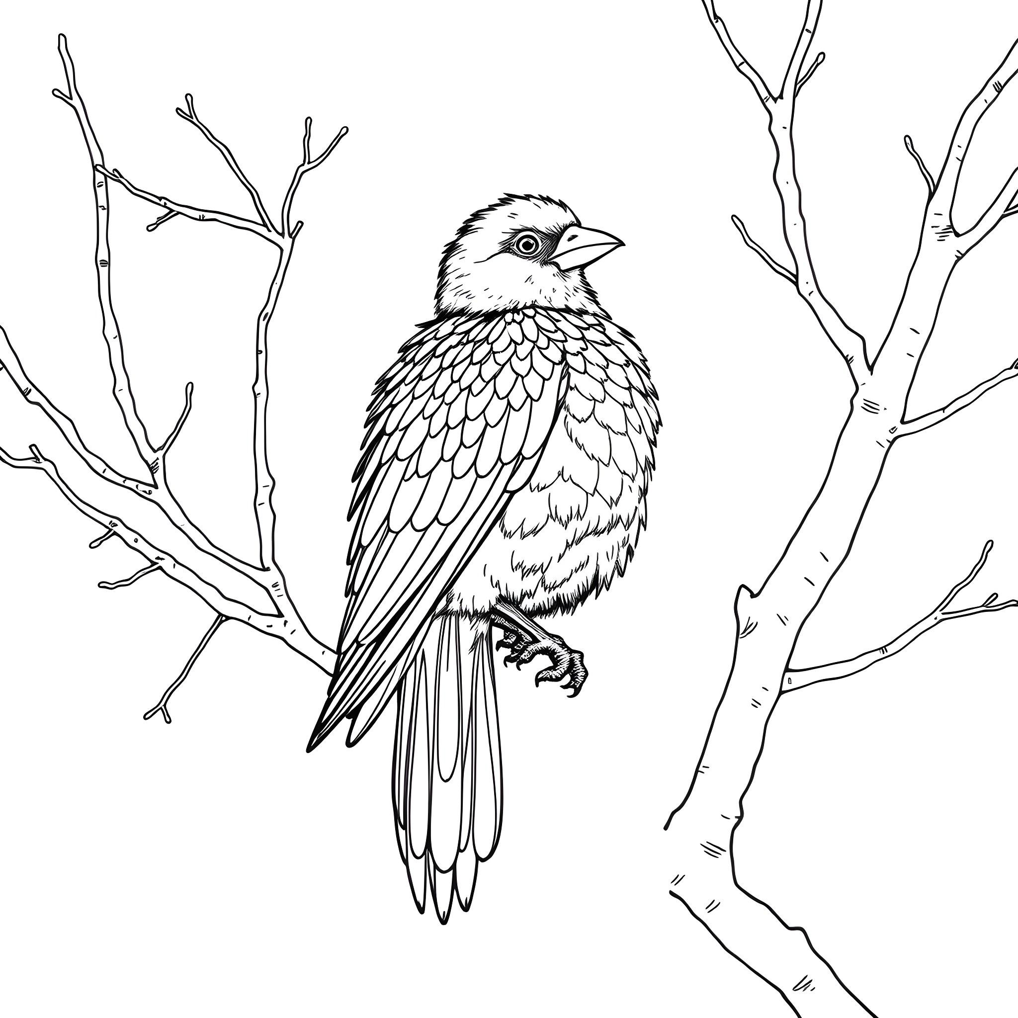 Passerina bird perched on a tree branch Coloring Page (free black-and-white line drawing printable PDF for all, from beginners to advanced learners, including children, teens, adults, and seniors)