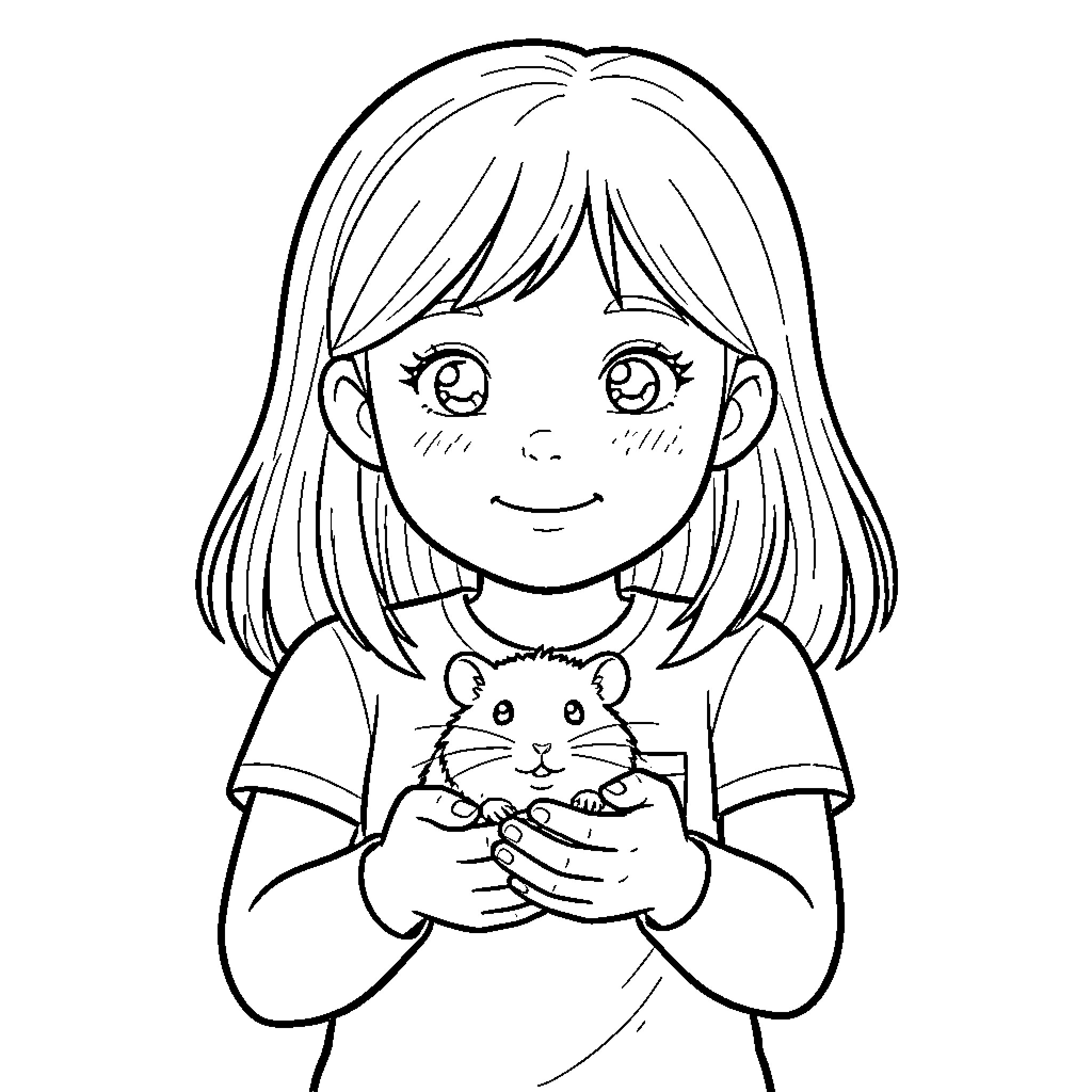Hamster being held gently by a smiling young girl Coloring Page (free black-and-white line drawing printable PDF for all, from beginners to advanced learners, including children, teens, adults, and seniors)