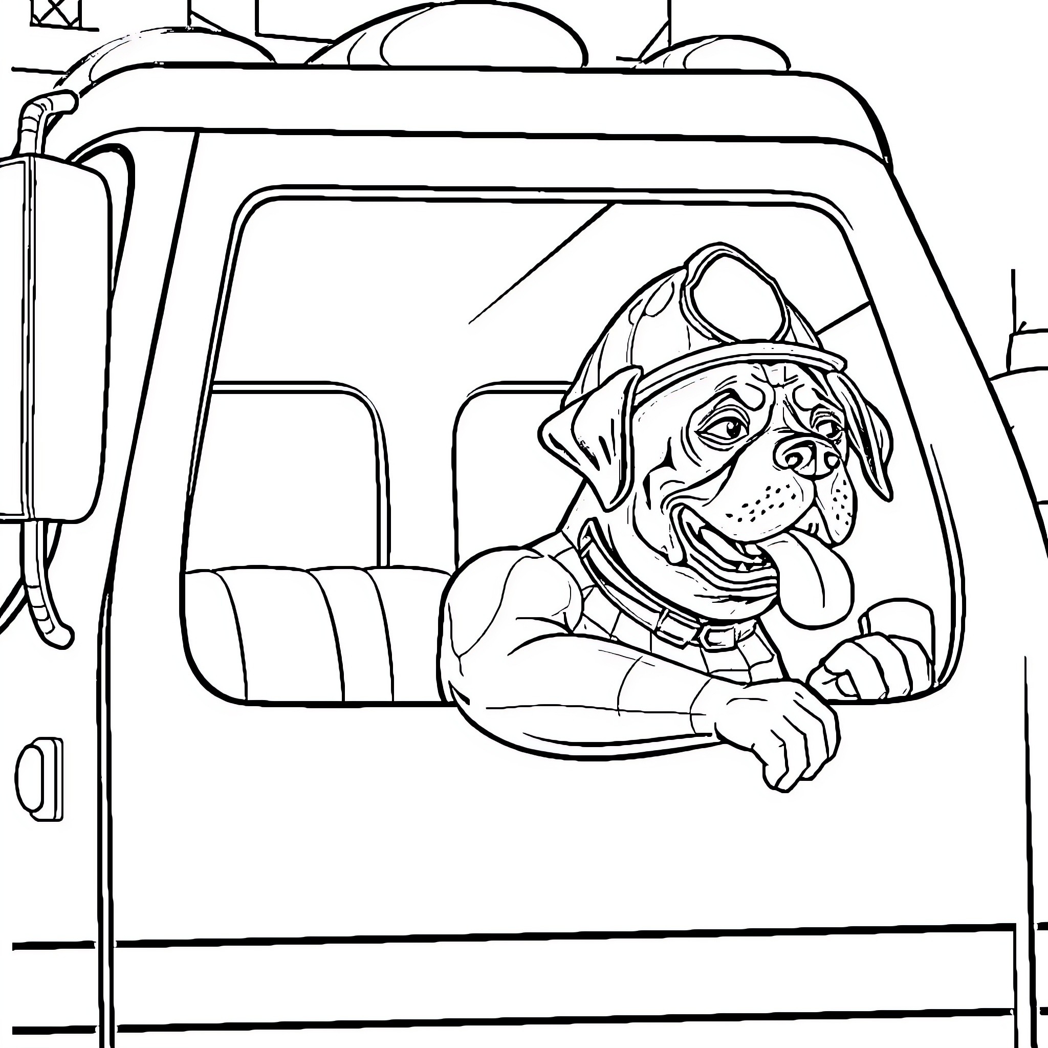 Spiderman Pup Saving the Day in Fire Truck Coloring Page (free black-and-white line drawing printable PDF for all, from beginners to advanced learners, including children, teens, adults, and seniors)