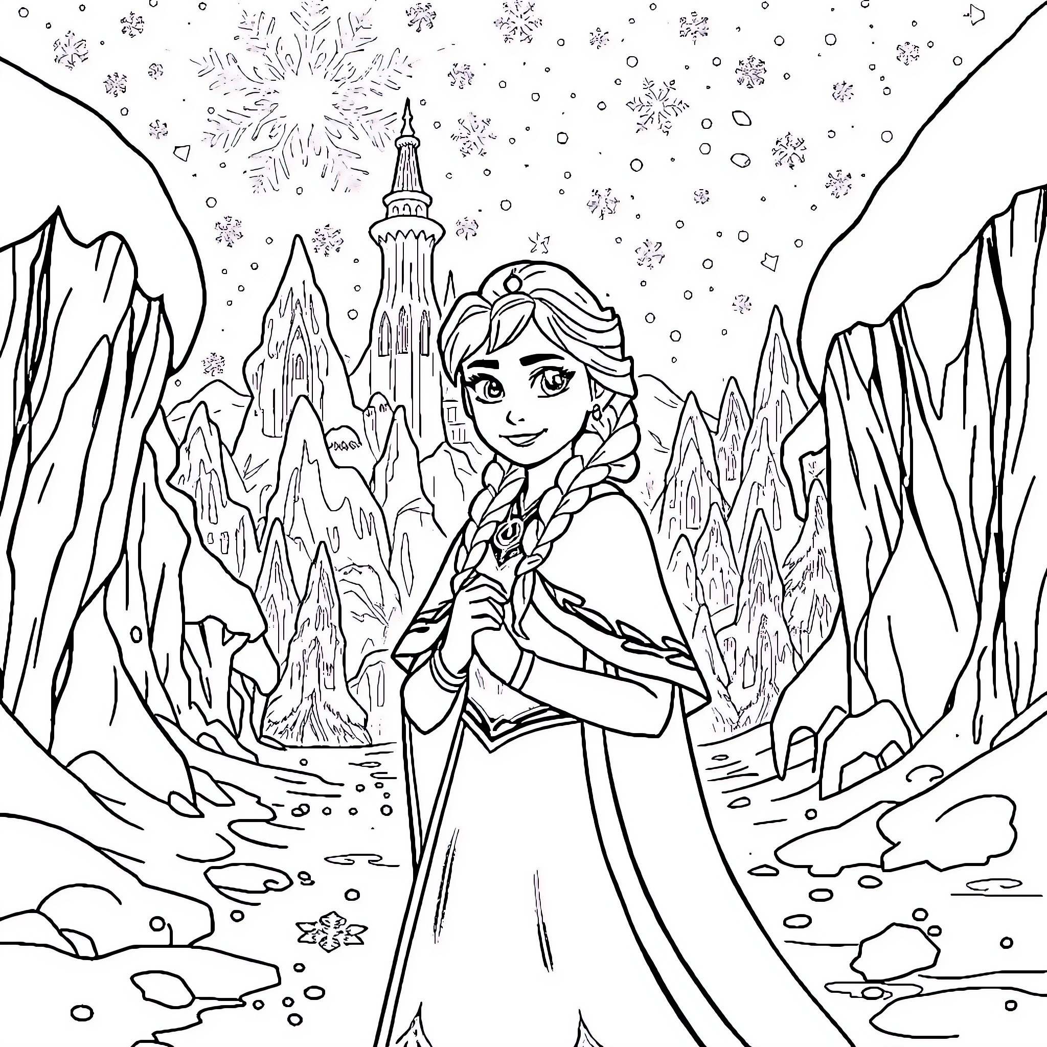 Snow Queen gazing at the magical winter landscape Coloring Page (free black-and-white line drawing printable PDF for all, from beginners to advanced learners, including children, teens, adults, and seniors)