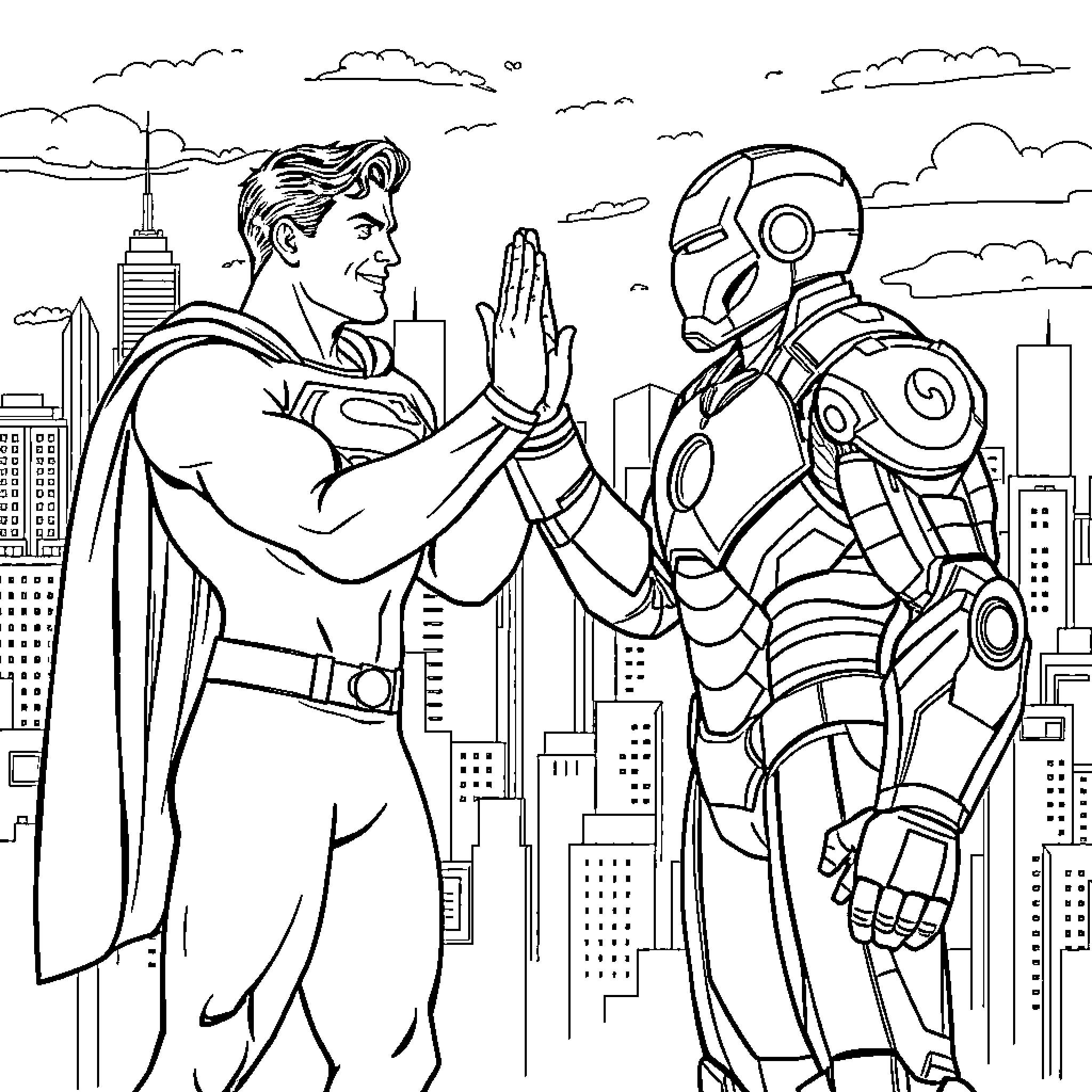 Superman and Iron Man unite in the city Coloring Page (free black-and-white line drawing printable PDF for all, from beginners to advanced learners, including children, teens, adults, and seniors)
