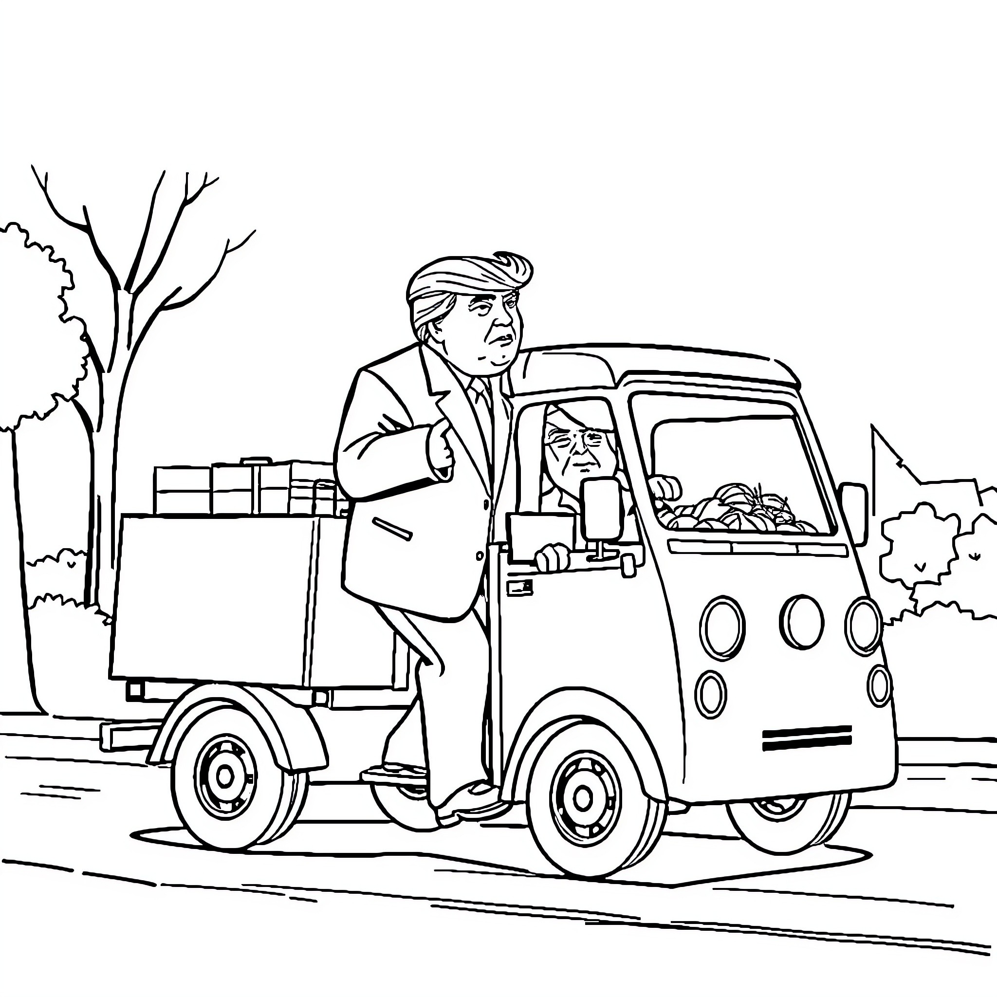 Trump delivering boxes in a small vehicle Coloring Page (free black-and-white line drawing printable PDF for all, from beginners to advanced learners, including children, teens, adults, and seniors)