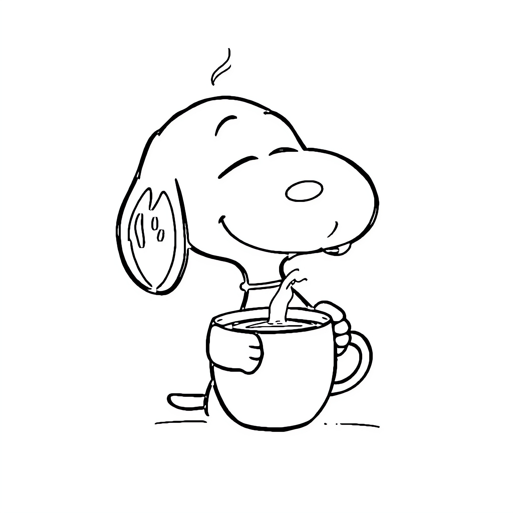 Snoopy enjoying a warm beverage Coloring Page (free black-and-white line drawing printable PDF for all, from beginners to advanced learners, including children, teens, adults, and seniors)
