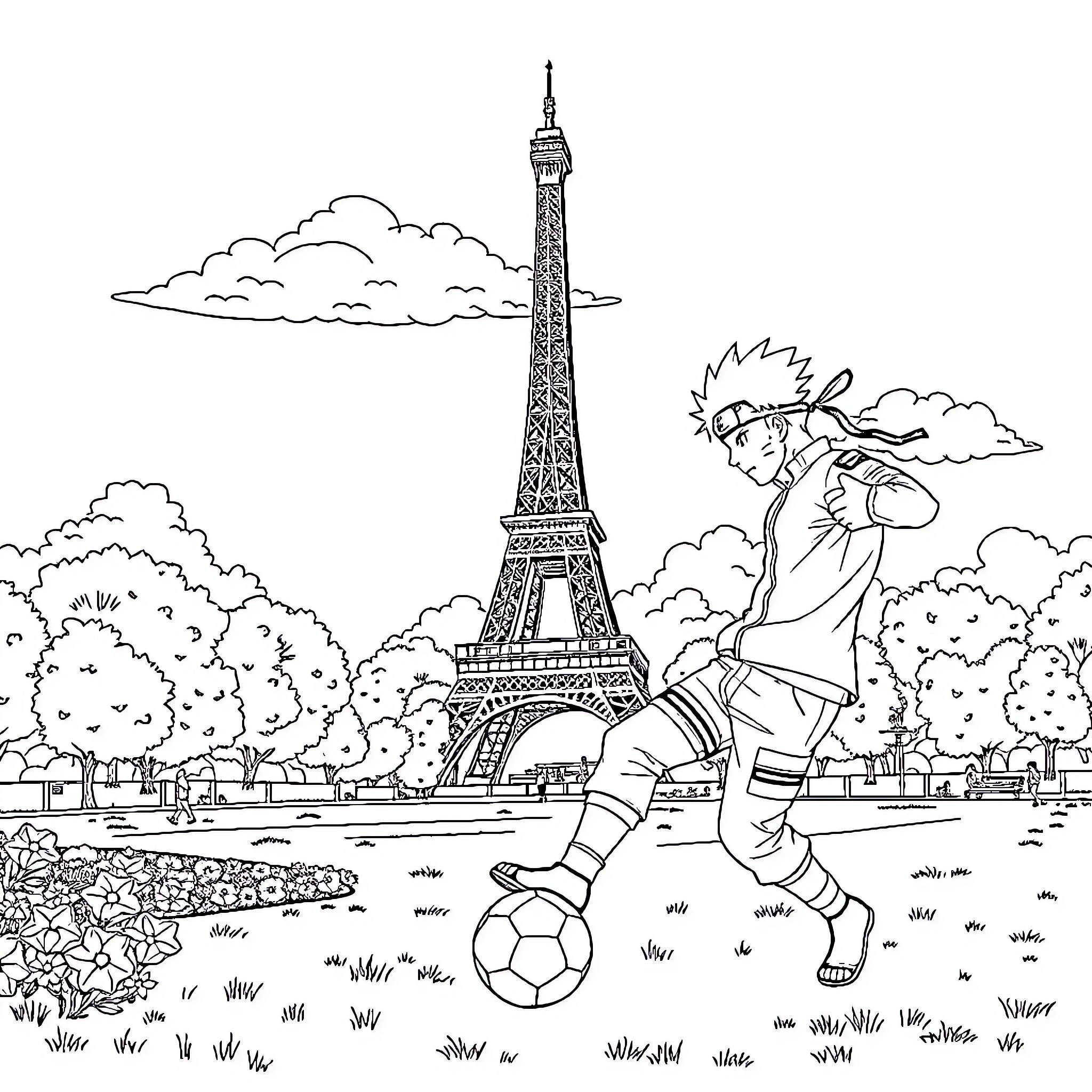 Naruto playing soccer in front of the Eiffel Tower Coloring Page (free black-and-white line drawing printable PDF for all, from beginners to advanced learners, including children, teens, adults, and seniors)