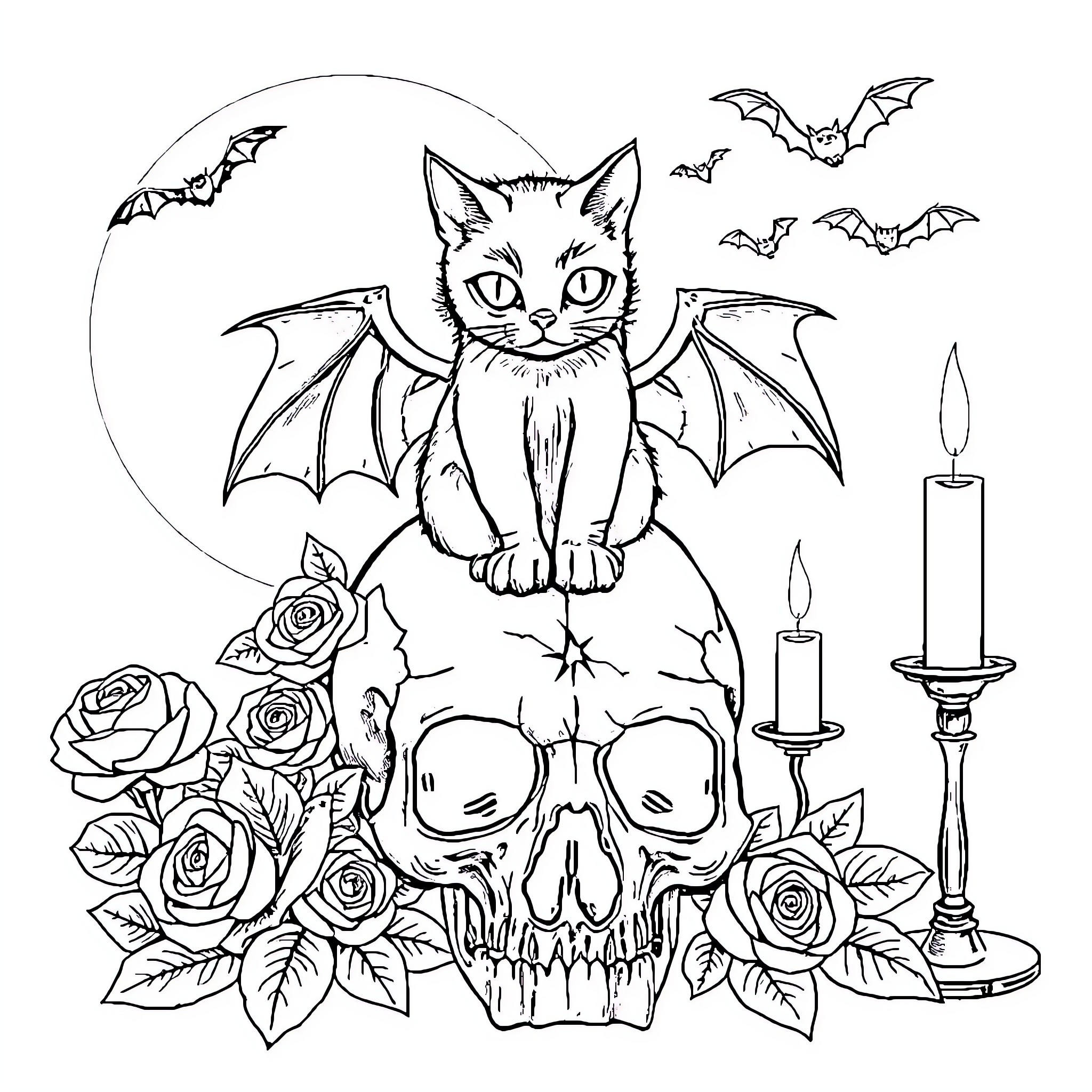 Cat with bat wings on a spooky scene Coloring Page (free black-and-white line drawing printable PDF for all, from beginners to advanced learners, including children, teens, adults, and seniors)