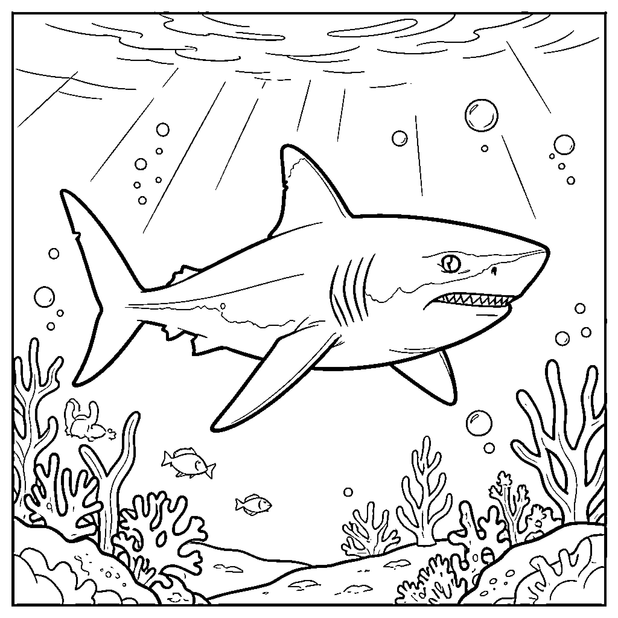 Shark swimming through a coral reef underwater scene Coloring Page (free black-and-white line drawing printable PDF for all, from beginners to advanced learners, including children, teens, adults, and seniors)