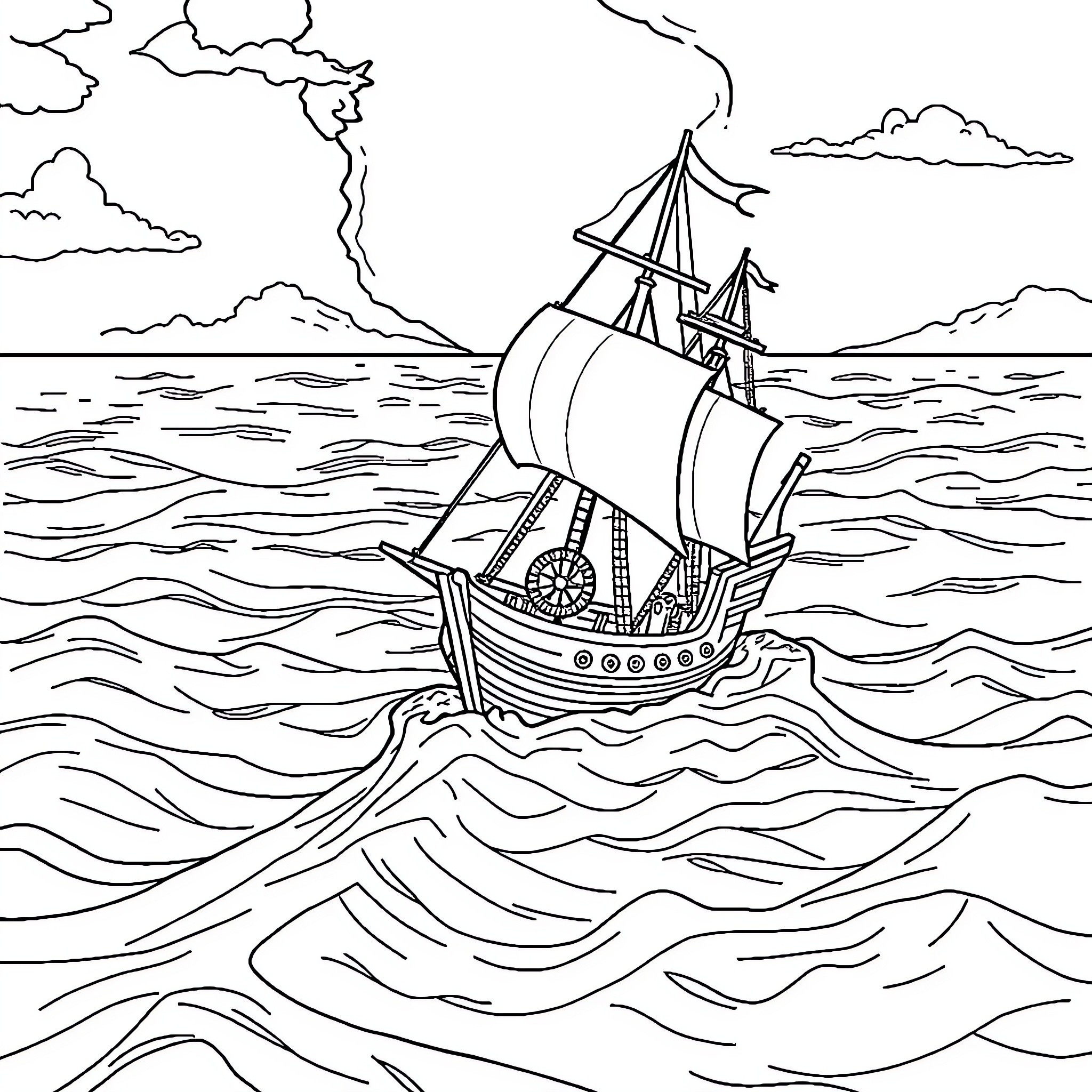 Discovery of a Majestic Sailing Ship at Sea Coloring Page (free black-and-white line drawing printable PDF for all, from beginners to advanced learners, including children, teens, adults, and seniors)
