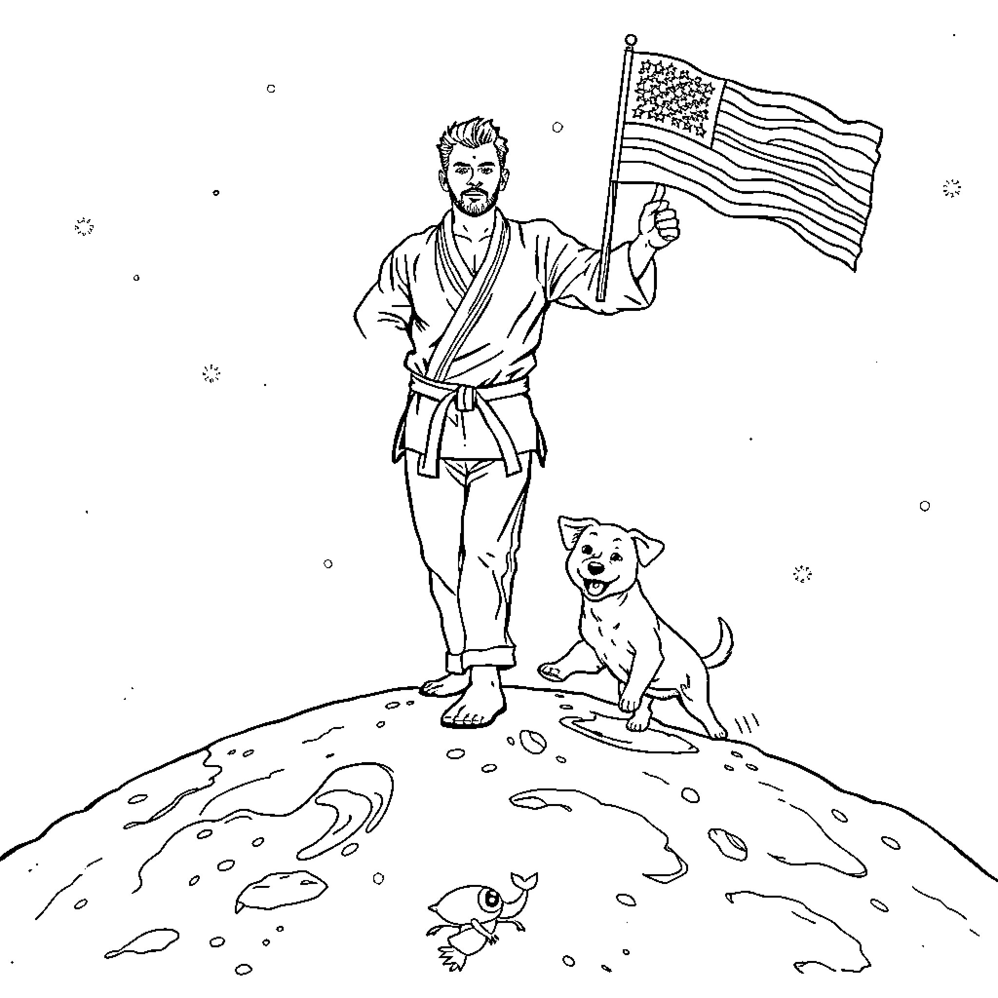 Brazilian Jiu-Jitsu fighter holding American flag Coloring Page (free black-and-white line drawing printable PDF for all, from beginners to advanced learners, including children, teens, adults, and seniors)