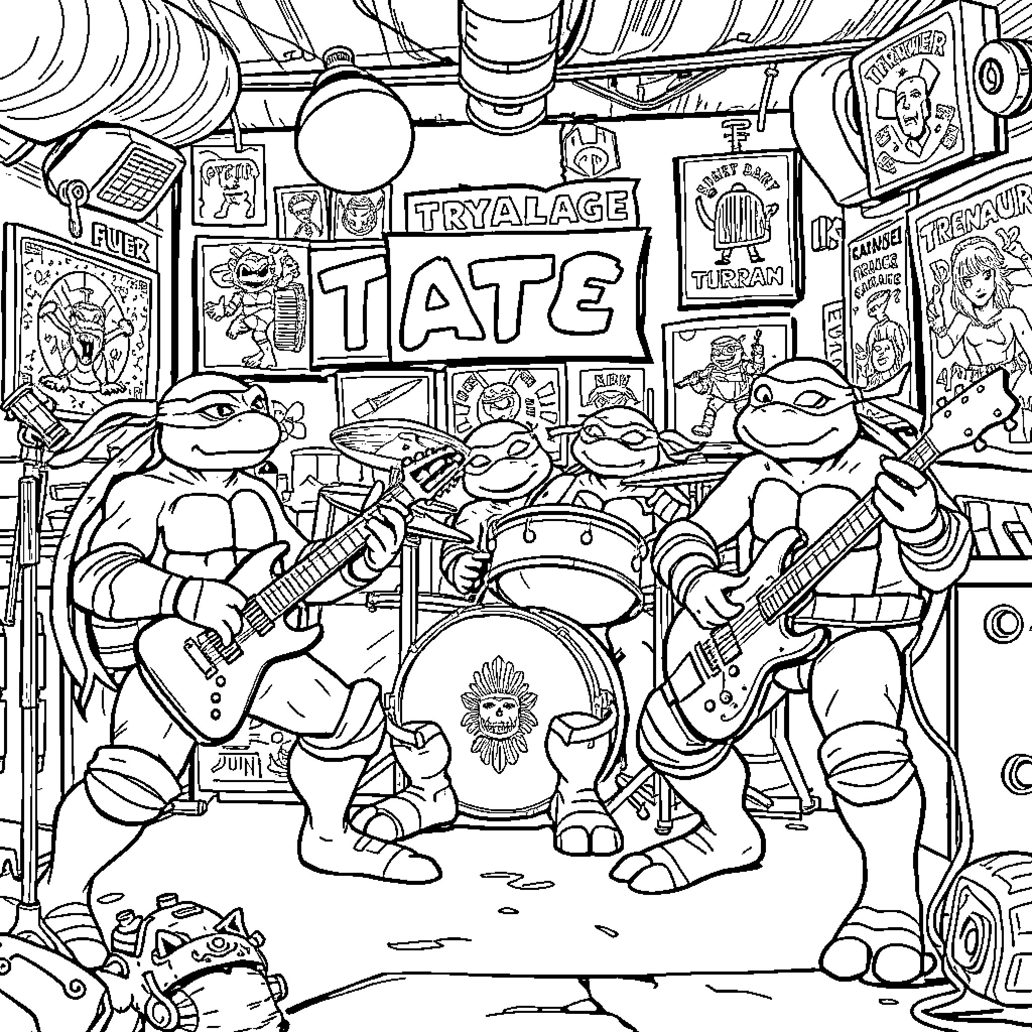 Ninja Turtle Band Performing at Tryalage Tate Coloring Page (free black-and-white line drawing printable PDF for all, from beginners to advanced learners, including children, teens, adults, and seniors)