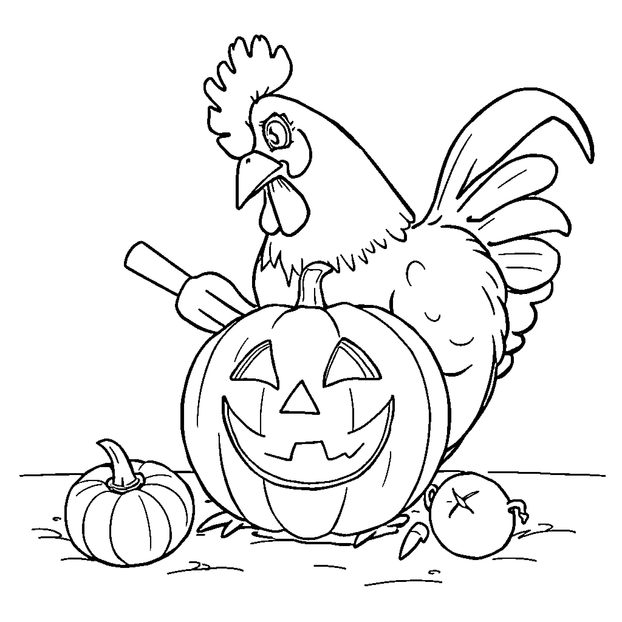 Hen perched on pumpkin in autumn scene Coloring Page (free black-and-white line drawing printable PDF for all, from beginners to advanced learners, including children, teens, adults, and seniors)