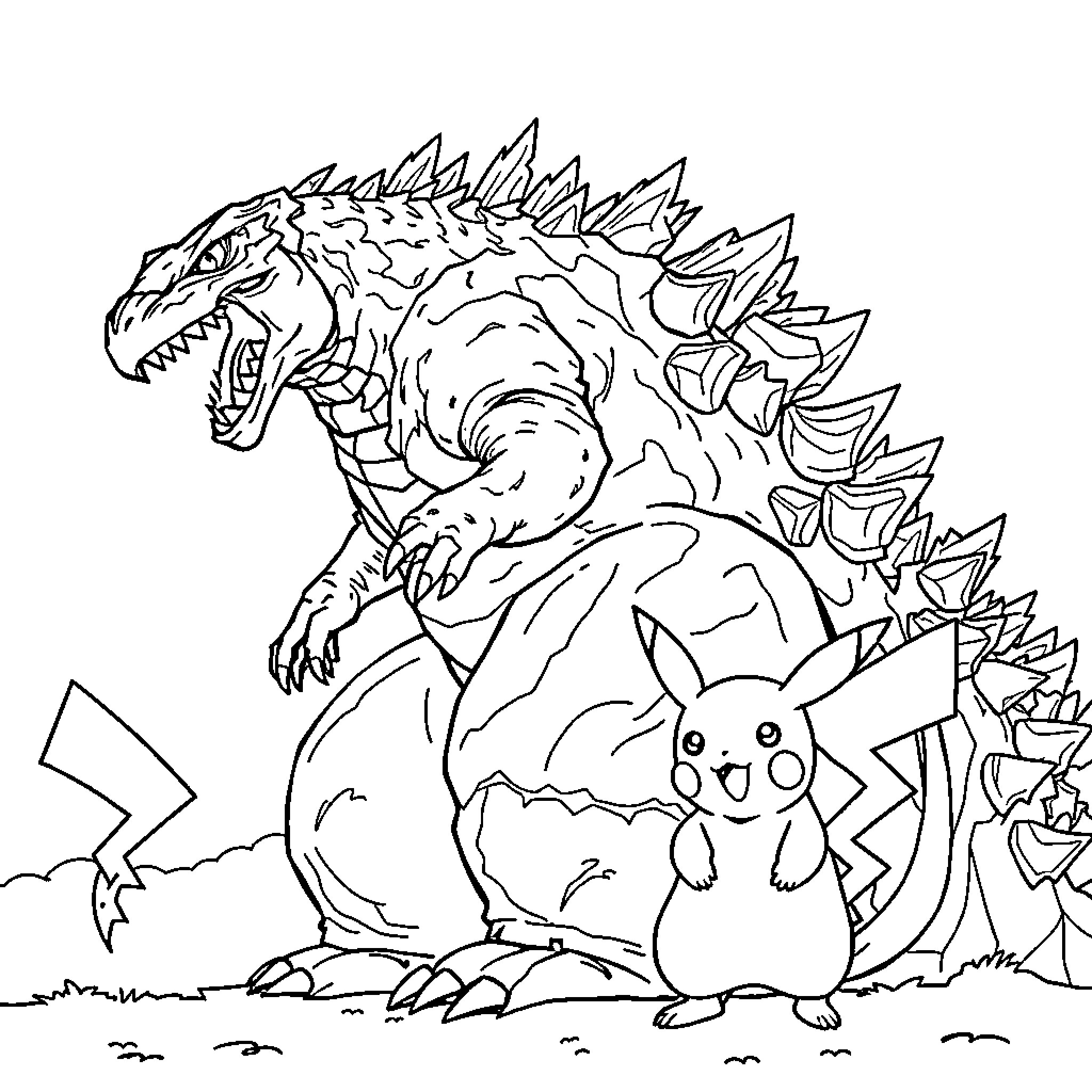 Pikachu facing off against a monstrous creature Coloring Page (free black-and-white line drawing printable PDF for all, from beginners to advanced learners, including children, teens, adults, and seniors)