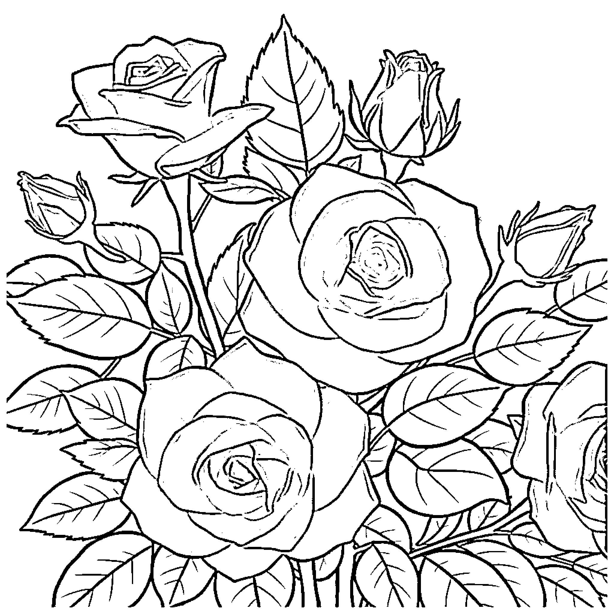 Rose Bouquet in Floral Arrangement Coloring Page (free black-and-white line drawing printable PDF for all, from beginners to advanced learners, including children, teens, adults, and seniors)