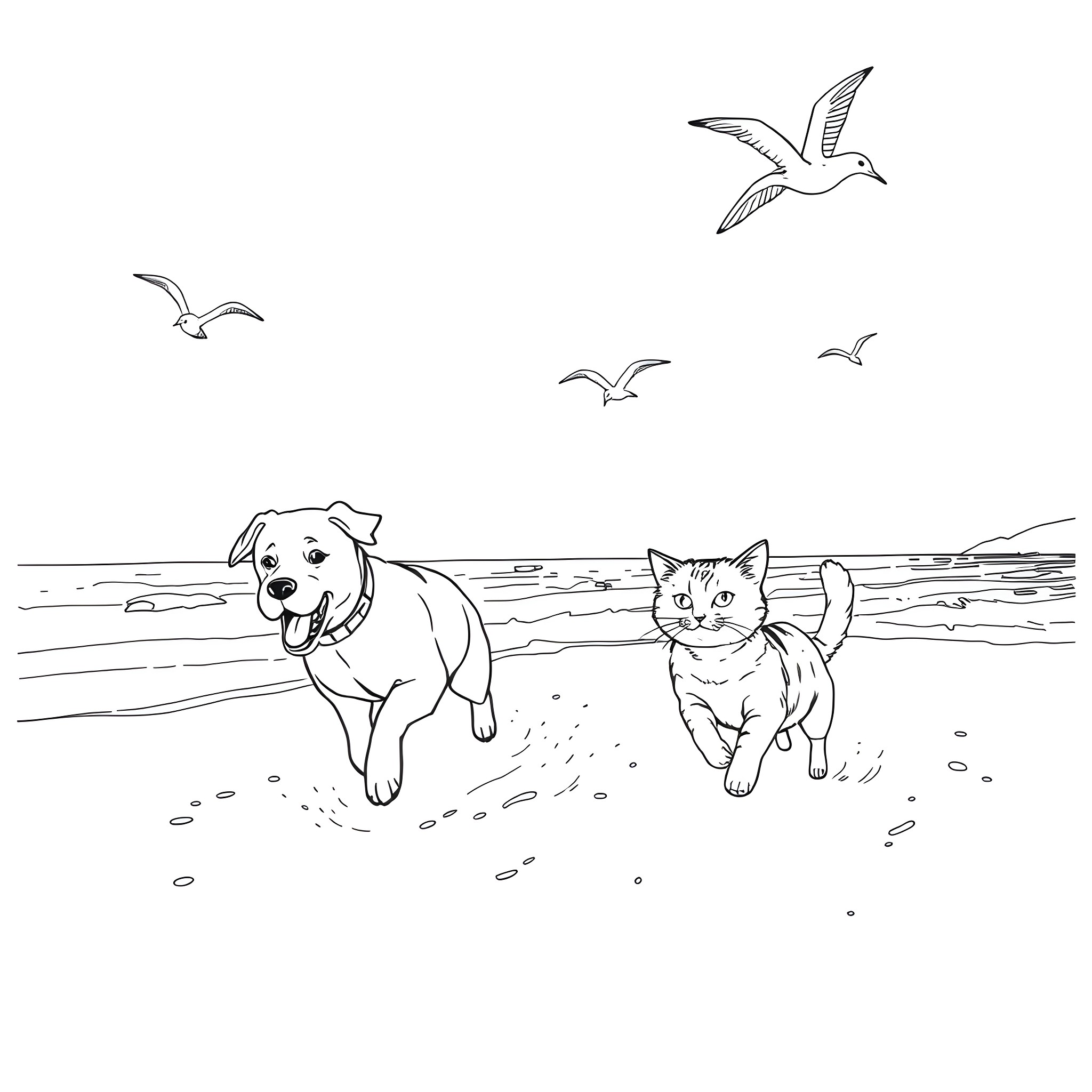 Dog and cat playing on the beach Coloring Page (free black-and-white line drawing printable PDF for all, from beginners to advanced learners, including children, teens, adults, and seniors)
