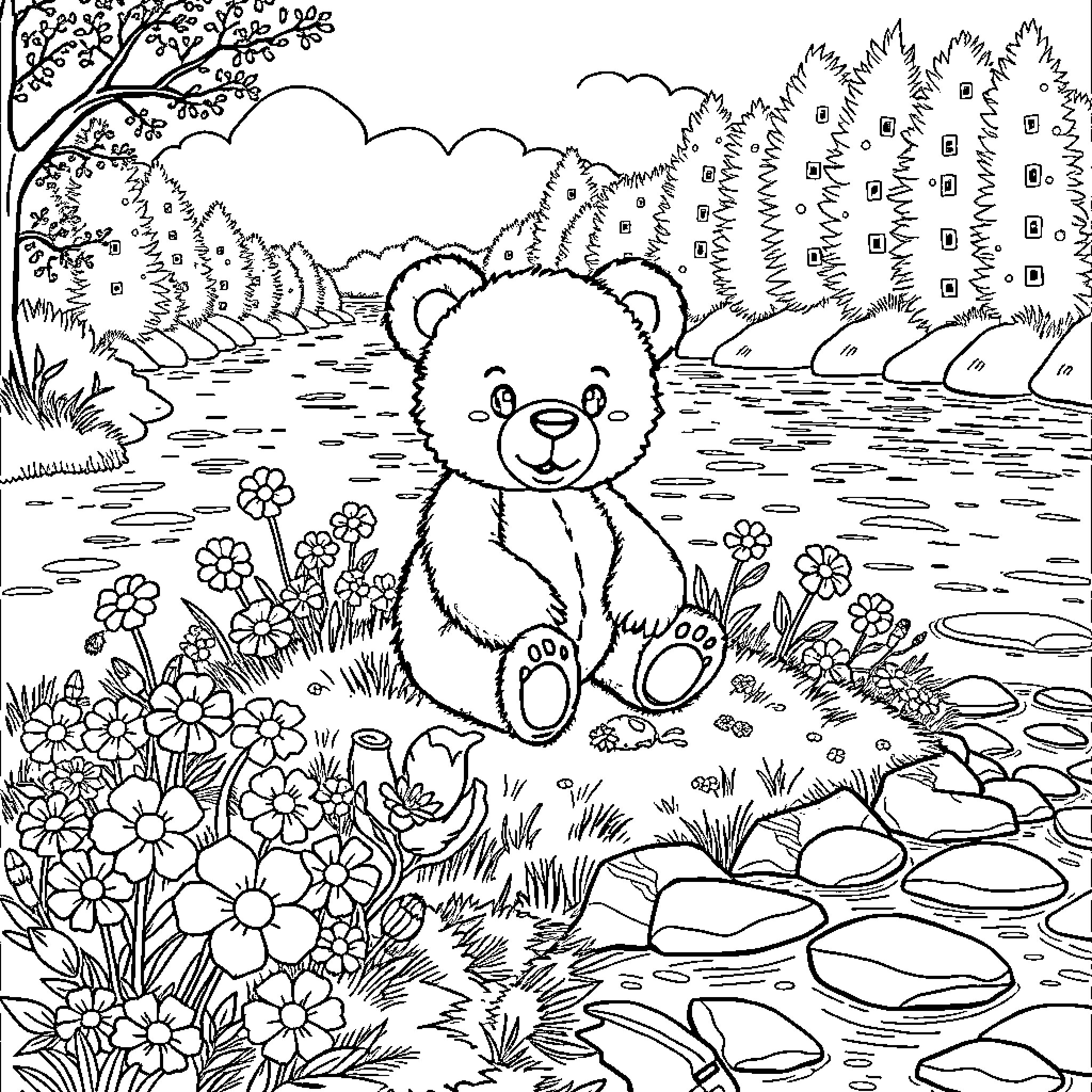 Teddy Bear enjoying nature by the pond Coloring Page (free black-and-white line drawing printable PDF for all, from beginners to advanced learners, including children, teens, adults, and seniors)