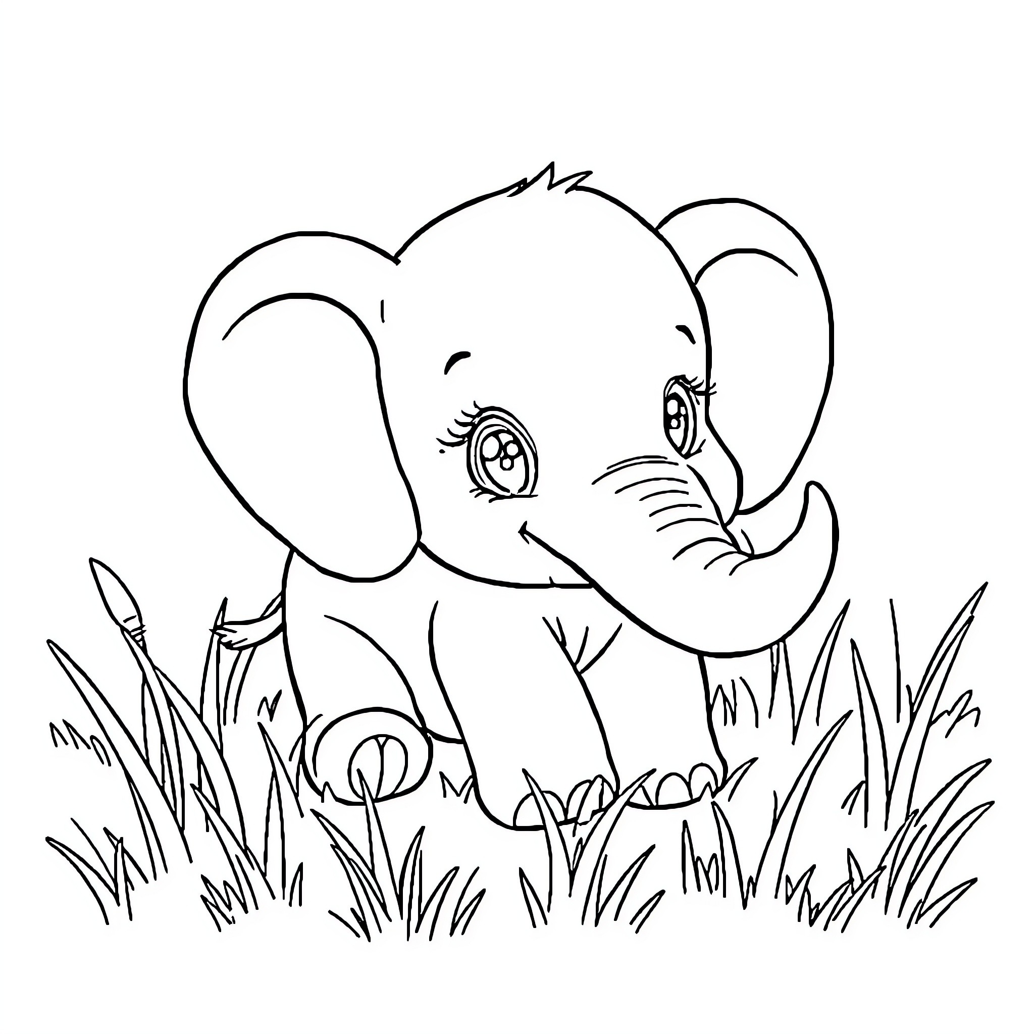Bebefin Elephant Playing in the Grass Coloring Page (free black-and-white line drawing printable PDF for all, from beginners to advanced learners, including children, teens, adults, and seniors)