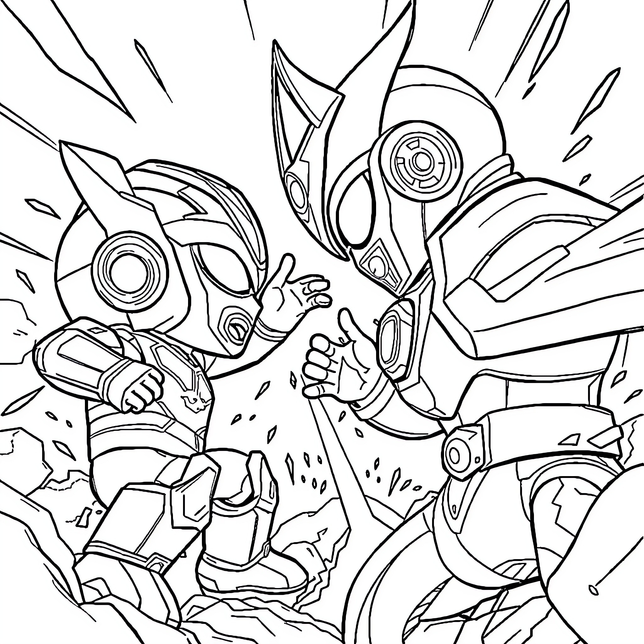 Boboiboy in epic robot battle scene Coloring Page (free black-and-white line drawing printable PDF for all, from beginners to advanced learners, including children, teens, adults, and seniors)