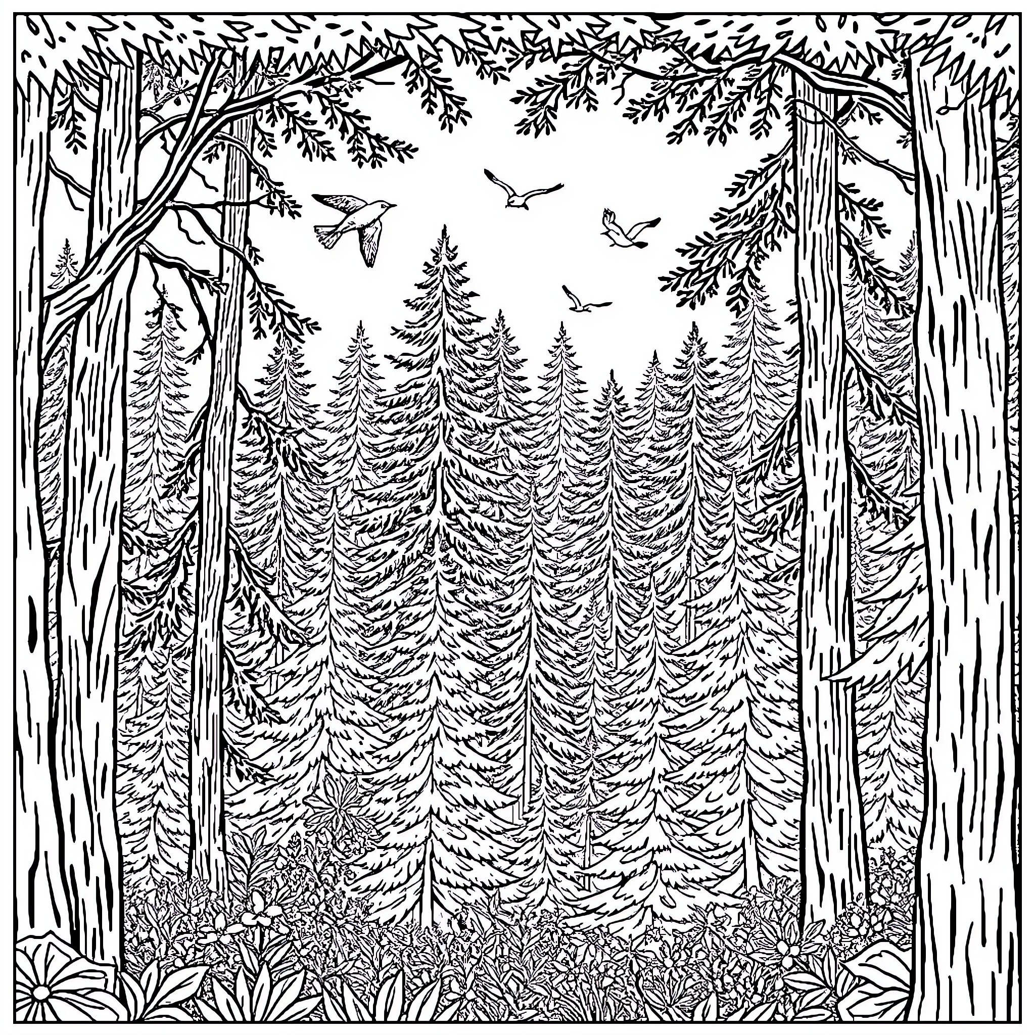 Forest filled with lively wildlife and tall pines Coloring Page (free black-and-white line drawing printable PDF for all, from beginners to advanced learners, including children, teens, adults, and seniors)