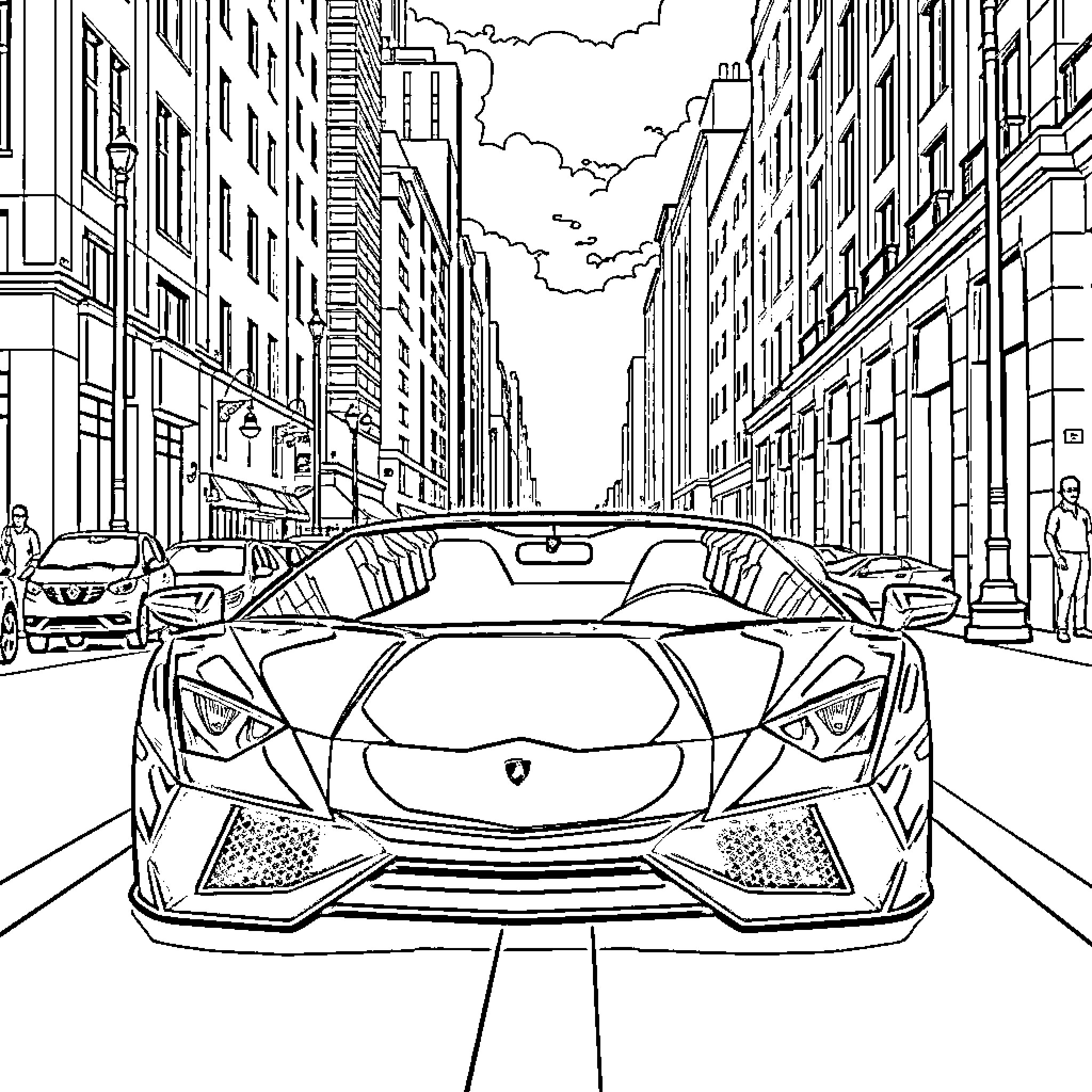 Lamborghini speeding through the city streets Coloring Page (free black-and-white line drawing printable PDF for all, from beginners to advanced learners, including children, teens, adults, and seniors)