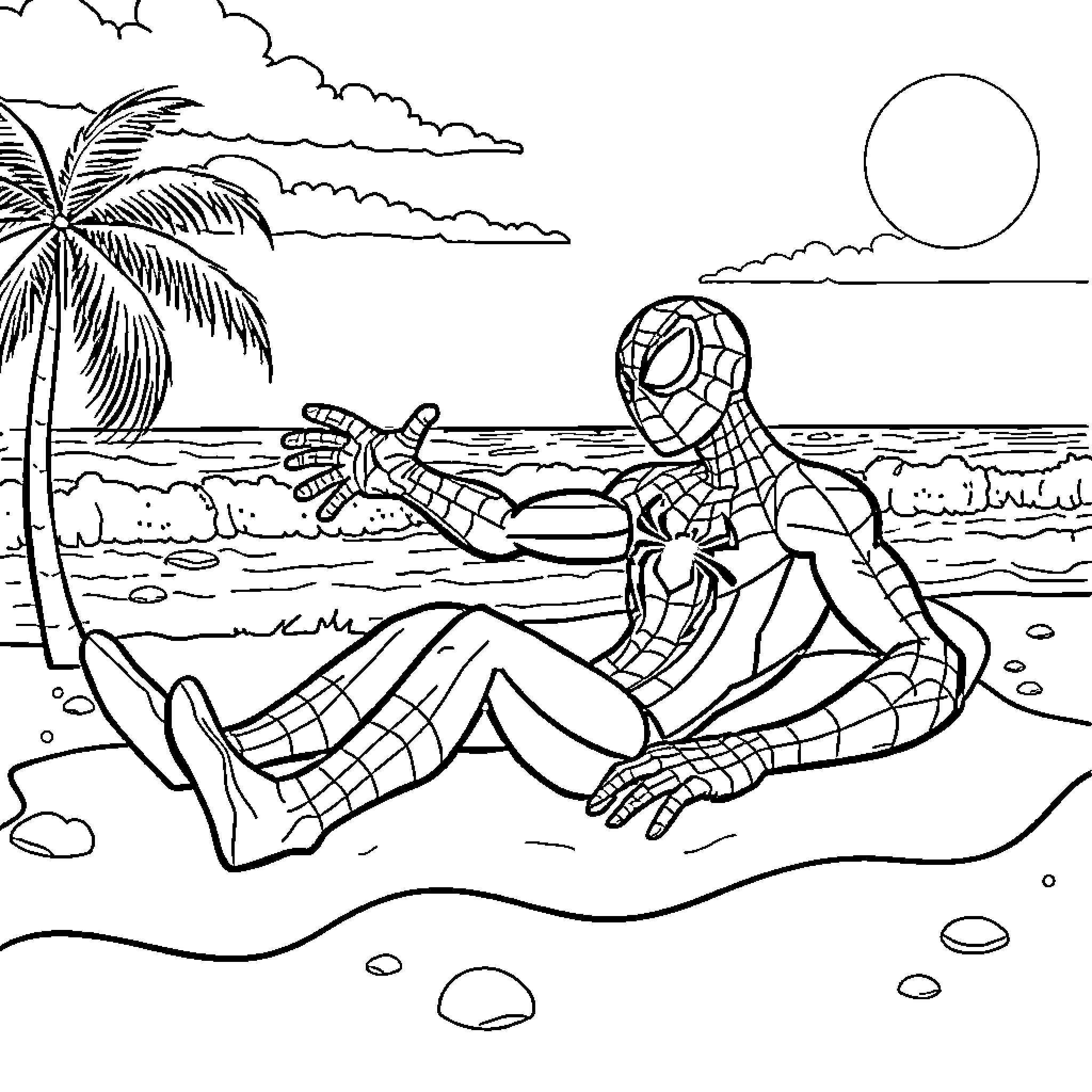 Spidey relaxing on the beach under the moonlight Coloring Page (free black-and-white line drawing printable PDF for all, from beginners to advanced learners, including children, teens, adults, and seniors)