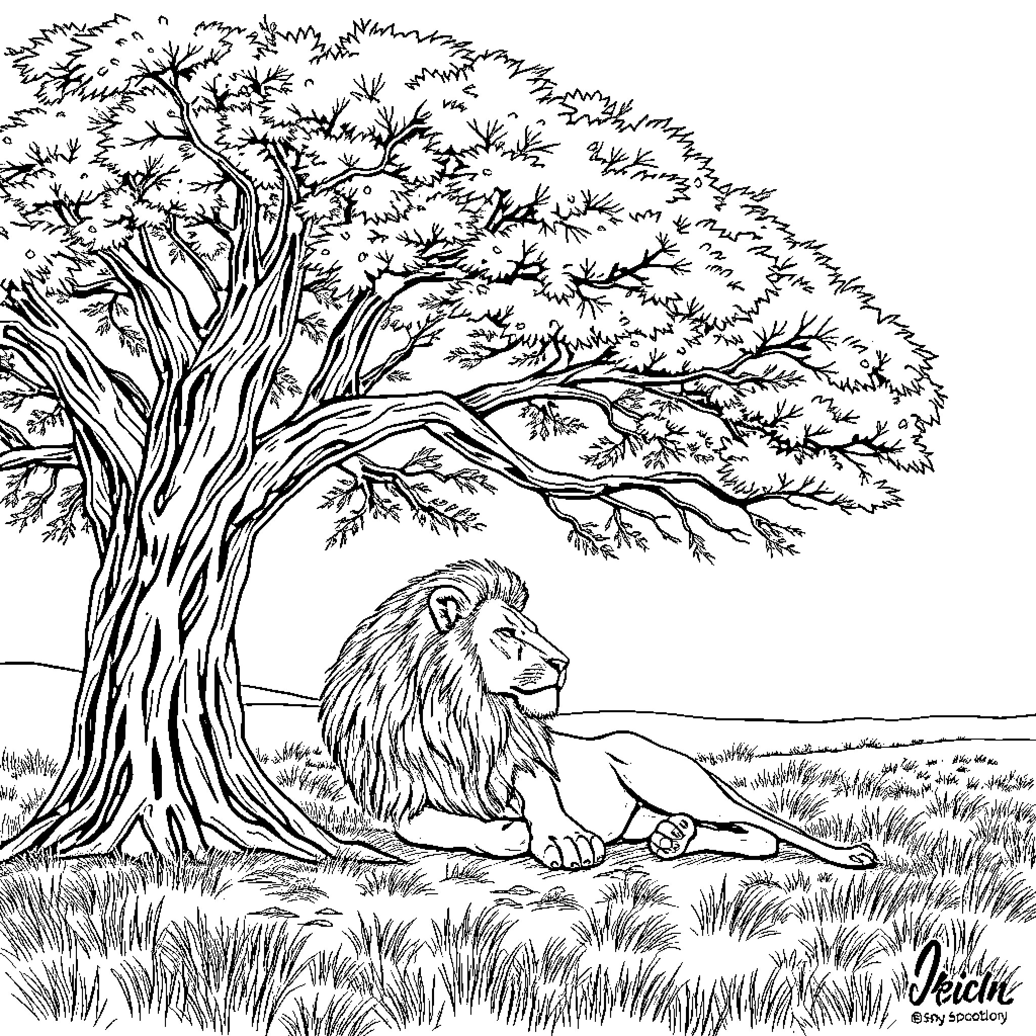 Lion resting peacefully under a large tree Coloring Page (free black-and-white line drawing printable PDF for all, from beginners to advanced learners, including children, teens, adults, and seniors)