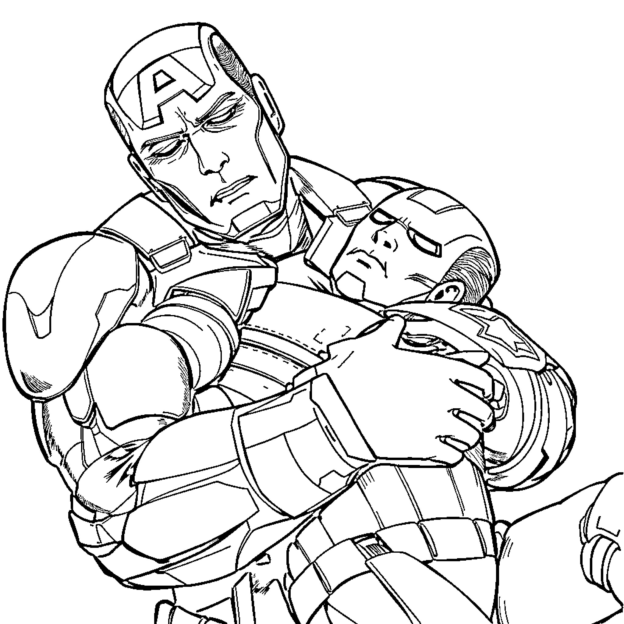 Captain America shielding a fallen comrade Coloring Page (free black-and-white line drawing printable PDF for all, from beginners to advanced learners, including children, teens, adults, and seniors)
