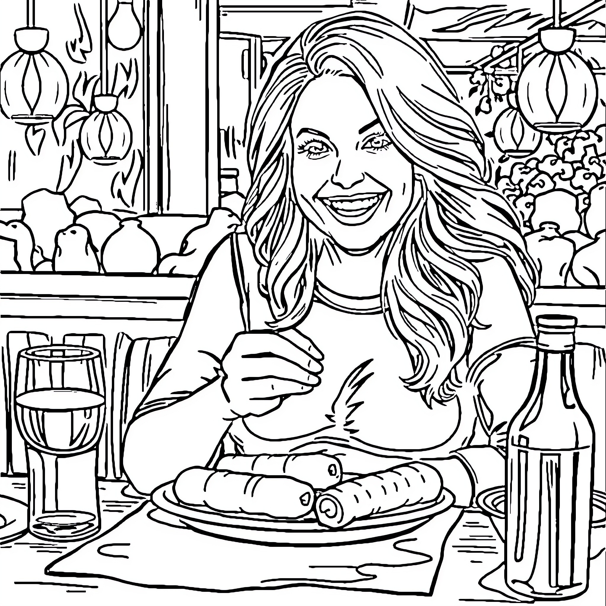 Pamela Anderson enjoying a meal at a restaurant Coloring Page (free black-and-white line drawing printable PDF for all, from beginners to advanced learners, including children, teens, adults, and seniors)