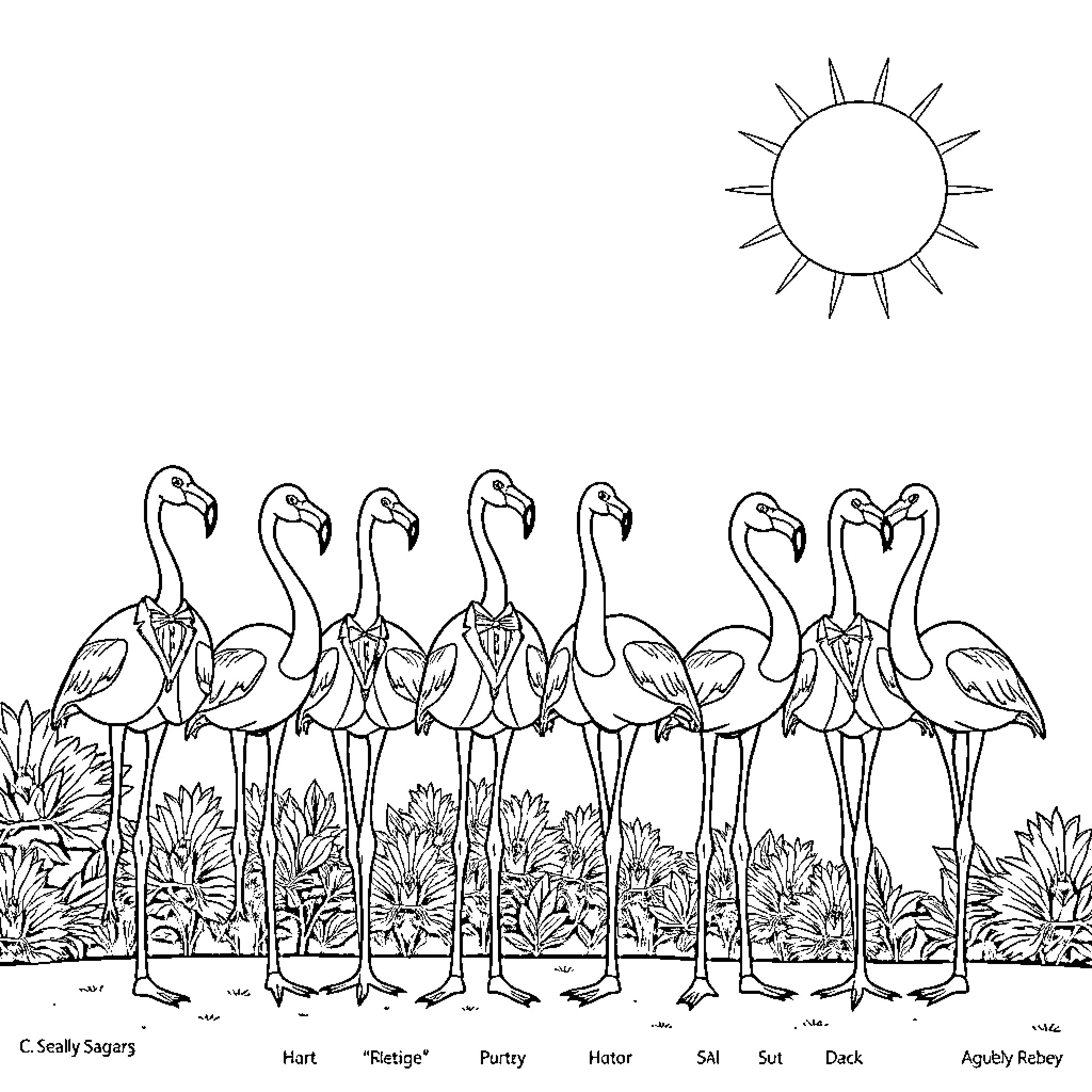 Flamingos in a Vibrant Tropical Scene Coloring Page (free black-and-white line drawing printable PDF for all, from beginners to advanced learners, including children, teens, adults, and seniors)