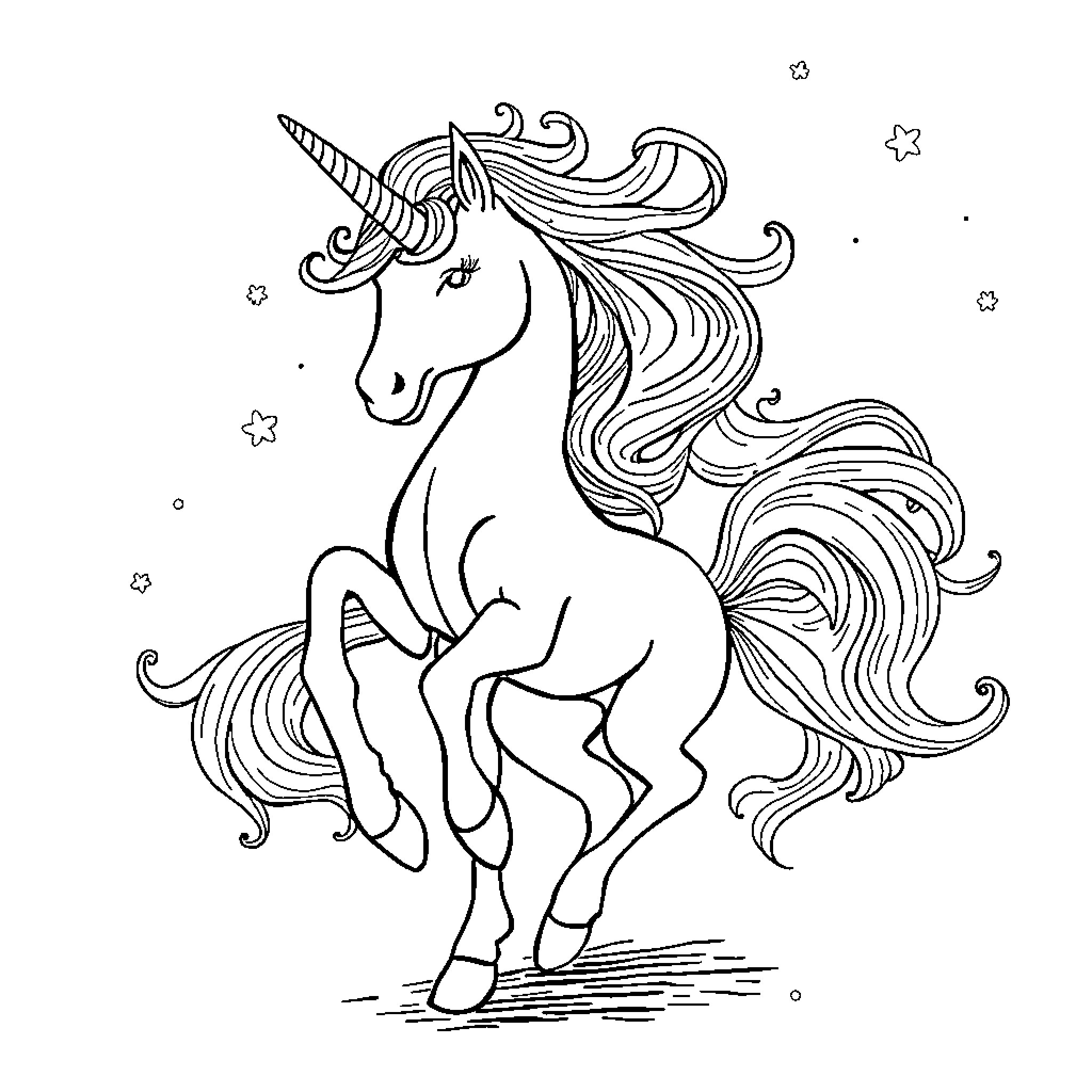 Unicorn dancing gracefully among the stars Coloring Page (free black-and-white line drawing printable PDF for all, from beginners to advanced learners, including children, teens, adults, and seniors)