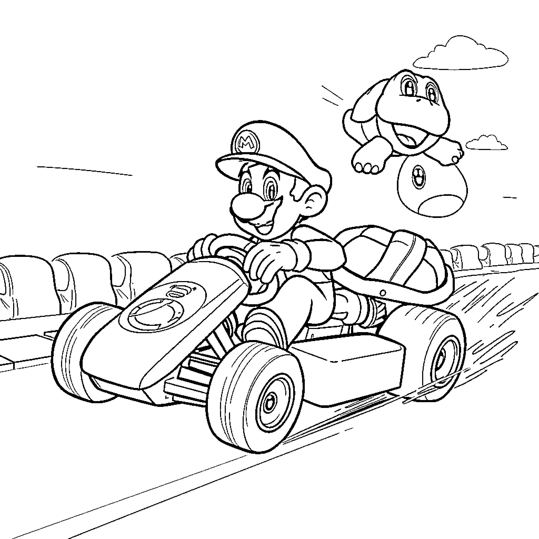 Mario Kart Racers Compete on Exciting Track Coloring Page (free black-and-white line drawing printable PDF for all, from beginners to advanced learners, including children, teens, adults, and seniors)