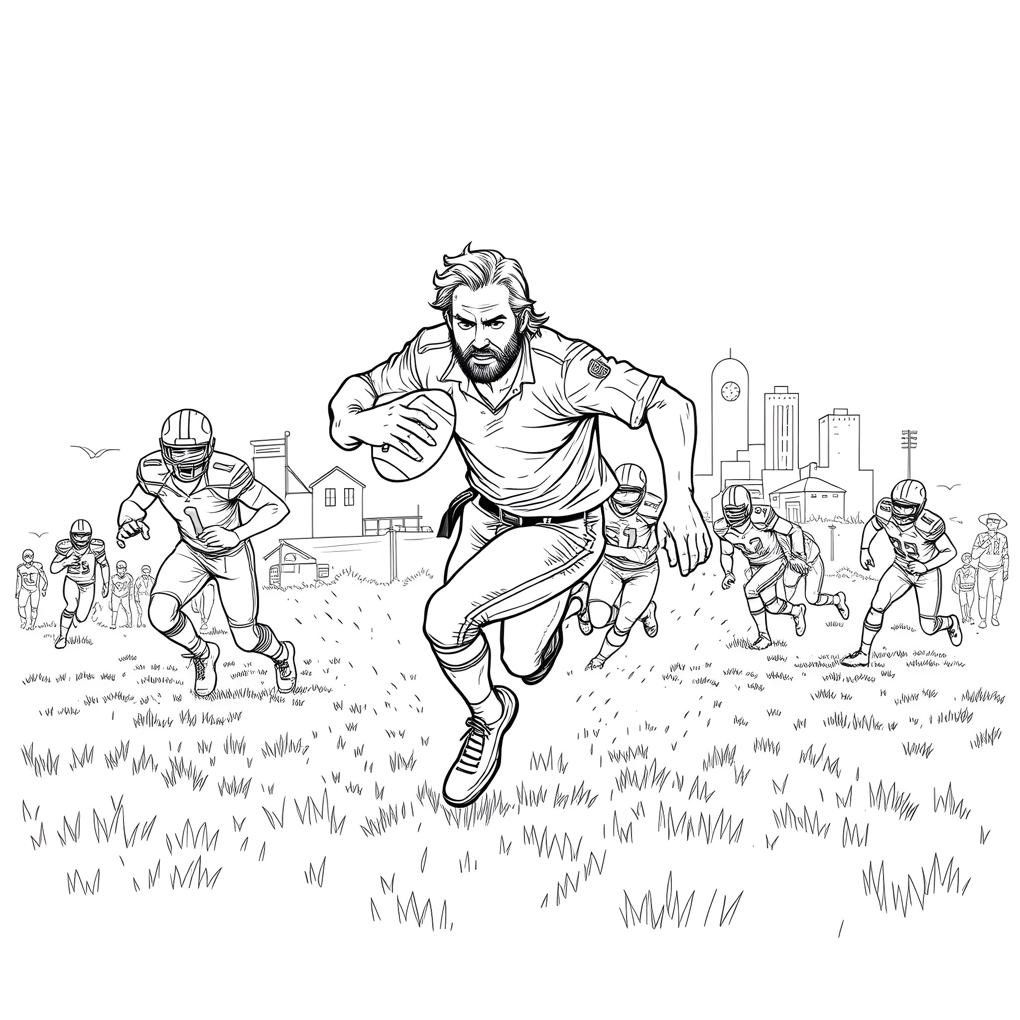 Rick Running on the Football Field with Team Coloring Page (free black-and-white line drawing printable PDF for all, from beginners to advanced learners, including children, teens, adults, and seniors)