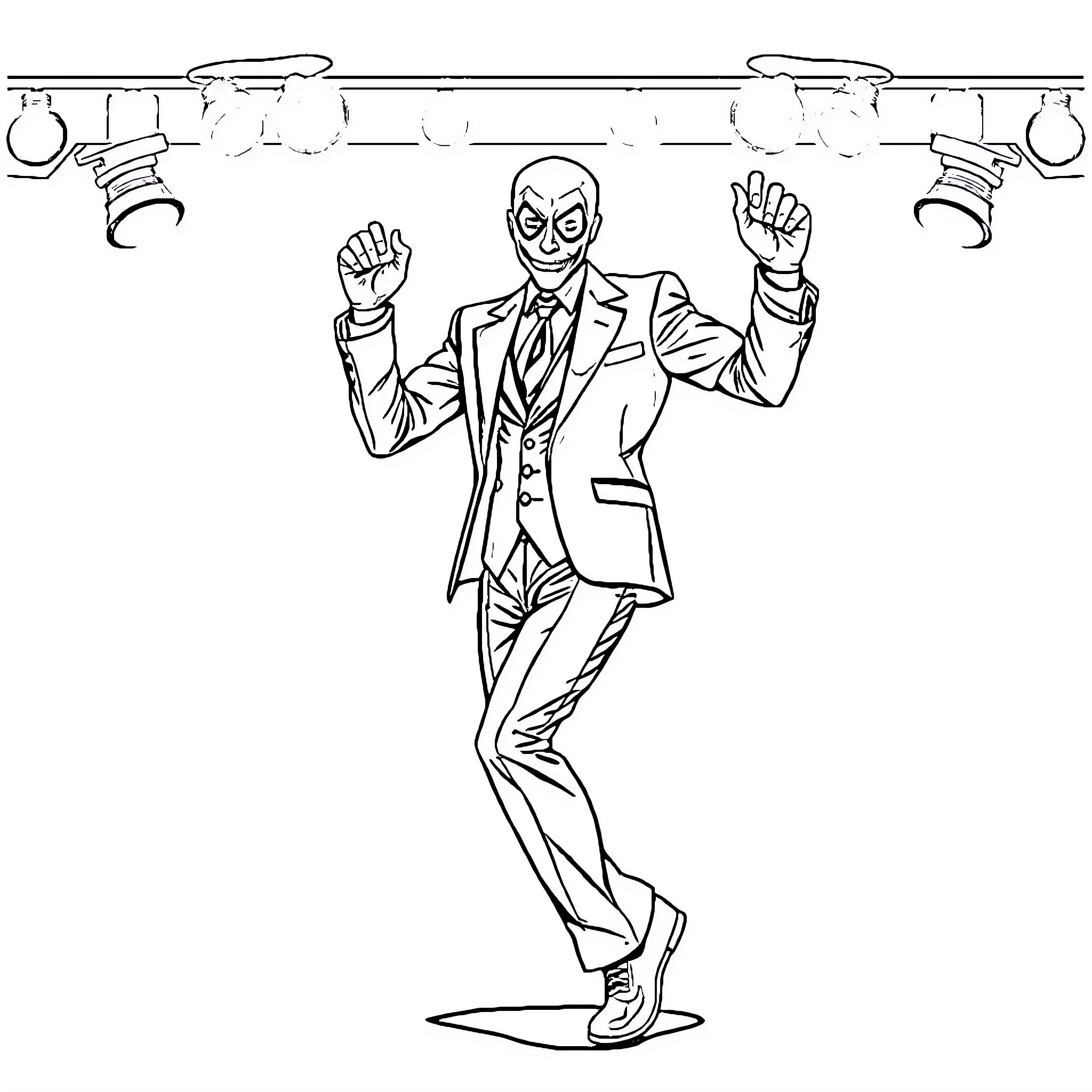 Deadshot dressed in a formal suit striking a dynamic pose Coloring Page (free black-and-white line drawing printable PDF for all, from beginners to advanced learners, including children, teens, adults, and seniors)